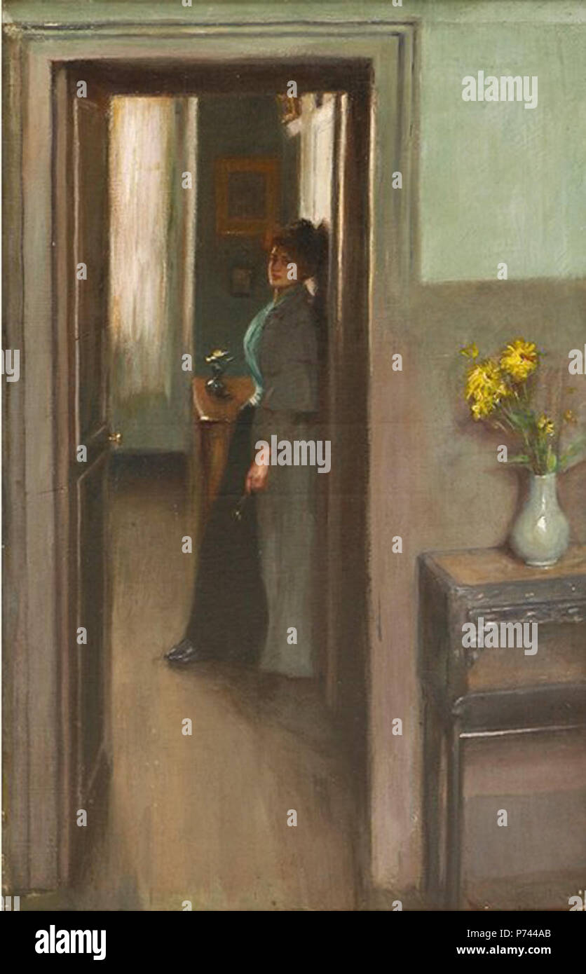 Englisch: eine Frau in der Tür stehen der Innenansicht von Graf Albert de Belleroche, 1890, Öl auf Leinwand. 1890 5 die Frau in der Tür stehen der Innenansicht von Albert de Belleroche Stockfoto