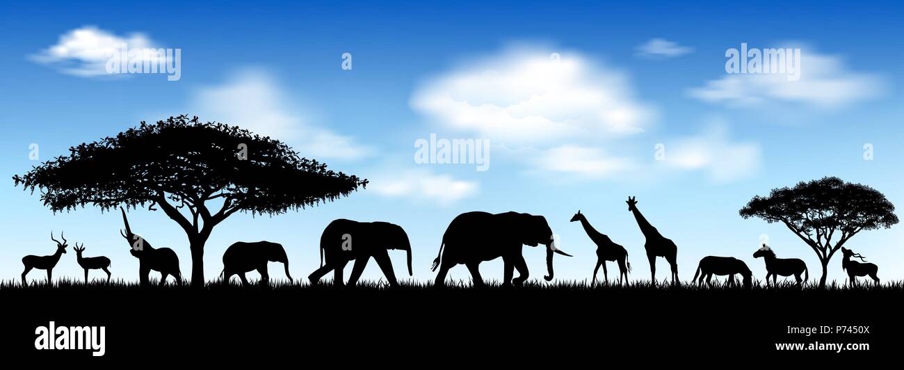 Silhouetten der wilden Tiere der Afrikanischen Savanne. Wilde afrikanische Tiere gegen den blauen Himmel. Stock Vektor