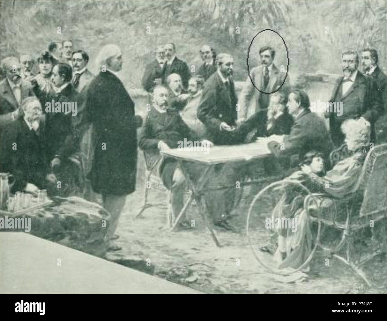 Français: Les poètes du Parnasse Tableau de Paul Chabas, "Chez Alphonse Lemerre, à Ville d'Avray", Salon de 1895 Le Jardin de l'ancienne propriété du père de Camille Corot, rachetée par l'Éditeurs parisien Alphonse Lemerre, sert ici De Toile de fond au peintre Paul Chabas immortalizer pour les poètes du Parnasse. Aux côtés de Paul Bourget (cercle), auf remarque François Coppée, Leconte de Lisle, Marcel Prévost, Auguste Dorchain, Léon Dierx, Henri Cazalis, Alphonse Daudet, Sully-Prudhomme, Jules Breton, Paul Arène, André Theuriet, Jules Claretie, José-Maria de Heredia, Paul Hervieu, Henry Rouj Stockfoto