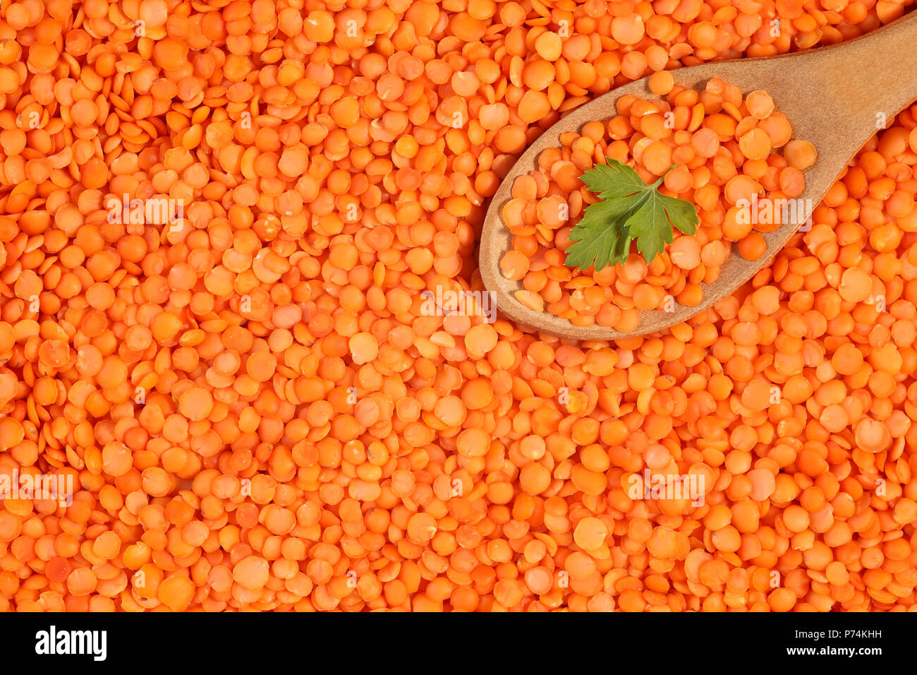 Nahaufnahme von Raw, Extraktionsschrot, rote Linsensuppe Hintergrund mit Holzlöffel und Petersilie Blatt Stockfoto