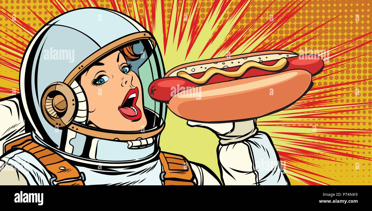 Hunger Frau Astronaut essen Hot Dog Würstchen Stock Vektor