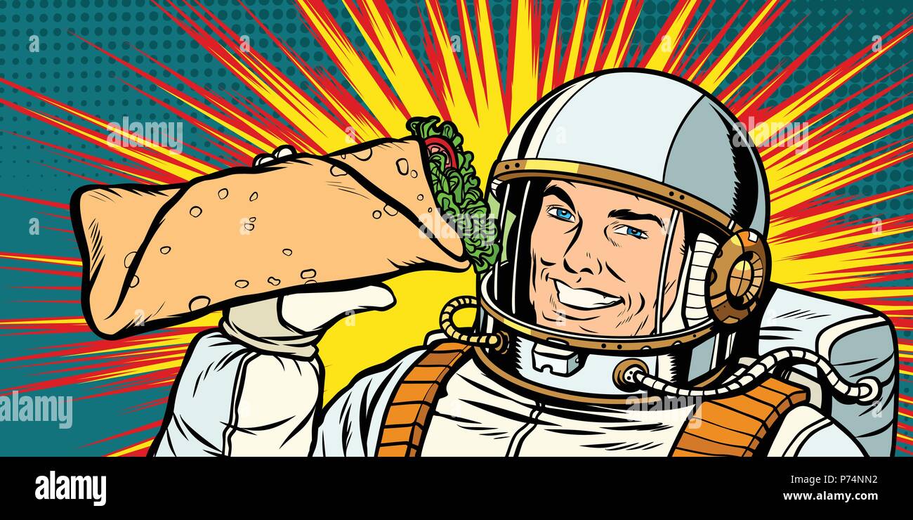 Lächelnd mann Astronaut präsentiert Shawarma Döner Kebab Stock Vektor