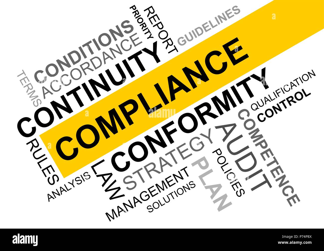 Wordcloud für Compliance im Geschäft mit Kontinuität und Konformität Stockfoto