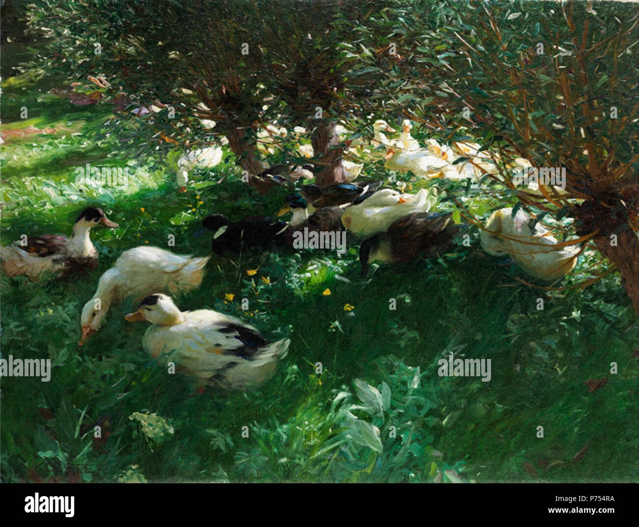 Mittagsrast (Enten unter Weiden). Öl auf Karton. 68 x 88 cm. Unten links signiert: "Ein Koester". Vor 1934 8 Alexander Koester Mittagsrast (Enten unter Weiden) Stockfoto