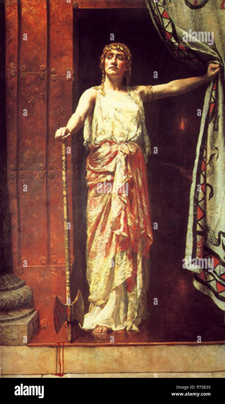 . Englisch: klytämnestra nach dem Mord Français: Clytemnestre Après le meurtre. Deutsch: Das Gemälde zeigt die Königin Klytämnestra, die hielten die Axt, mit der sie ihren Ehemann Agamemnon getötet wird, wenn er wieder aus dem Trojanischen Krieg kam. Das ist ein berühmtes Episode aus der griechischen Mythologie. Français: Le tableau montre La reine Clytemnestre debout, Mieter la Hache qui Lui a Permis de Tuer son mari Agamemnon à Son retour de la Guerre de Troie. Il s'agit d'un épisode fameux de la Mythologie grecque. . 1882 28 Klytämnestra 1. Stockfoto