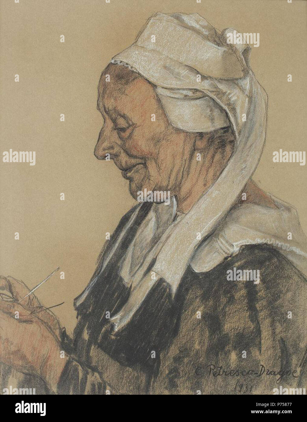 Român: Constantin Petrescu Dragoe (1887-1937) - Btrân lucrând, semnat dreapta Jos cu Negru, carbune ich Cret, datat 1931, 60 x 47 cm. Oper este reprodus's in catalogul ingularitate ich reconstrucie Imaginar. In Bretania Pictori români", Doina Puleanu 2010, La Cat. 141, Pag.295. 1931 29 Constantin Petrescu Dragoe - Batrana lucrand Stockfoto