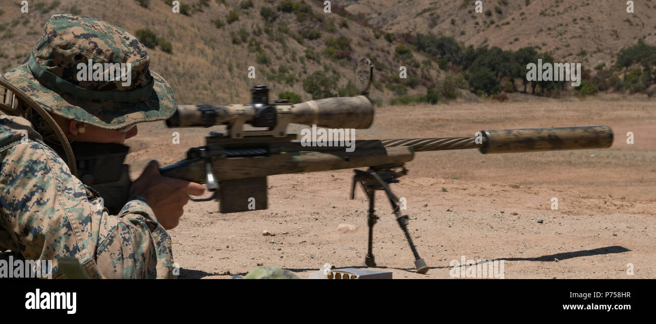 180702-O-N 0842-3020 Camp Pendleton, Calif (2. Juni 2018) eine Scharfschütze aus dem United States Marine Corps 21 Fuchs Firma feuert eine C 14 Timberwolf Medium Range sniper Waffe System während der Biennale der Pacific Rim (Rimpac) Übung im Marine Corps Base Camp Pendleton, Juli 2. 25 Nationen, 46 Schiffe, 5 U-Boote, über 200 Flugzeuge, und 25.000 Mitarbeiter beteiligen sich an Rimpac vom 27. Juni bis 2. August in und um die hawaiischen Inseln und Südkalifornien. Die weltweit größte internationale maritime Übung RIMPAC bietet eine einzigartige Ausbildung während foste Stockfoto