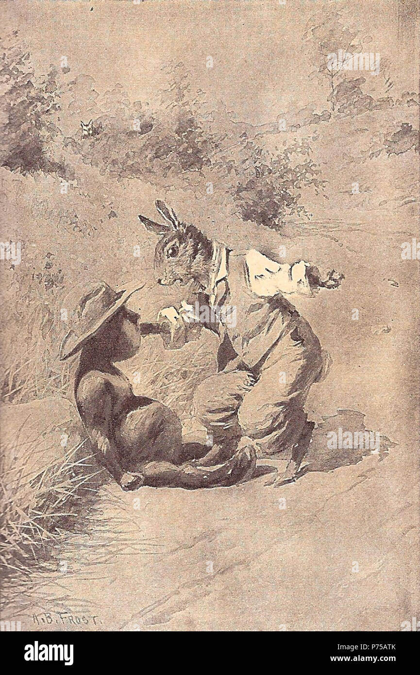 Englisch: Brer Rabbit erhält in der Tar-Baby stecken. Diese Abbildung stammt aus der Version 1895 von Joel Chandler Harris' Onkel Remus: seine Lieder und seine Sprüche, illustriert von A.B. Frost. 1895 19 Gevatter Hase und der Tar Baby Stockfoto