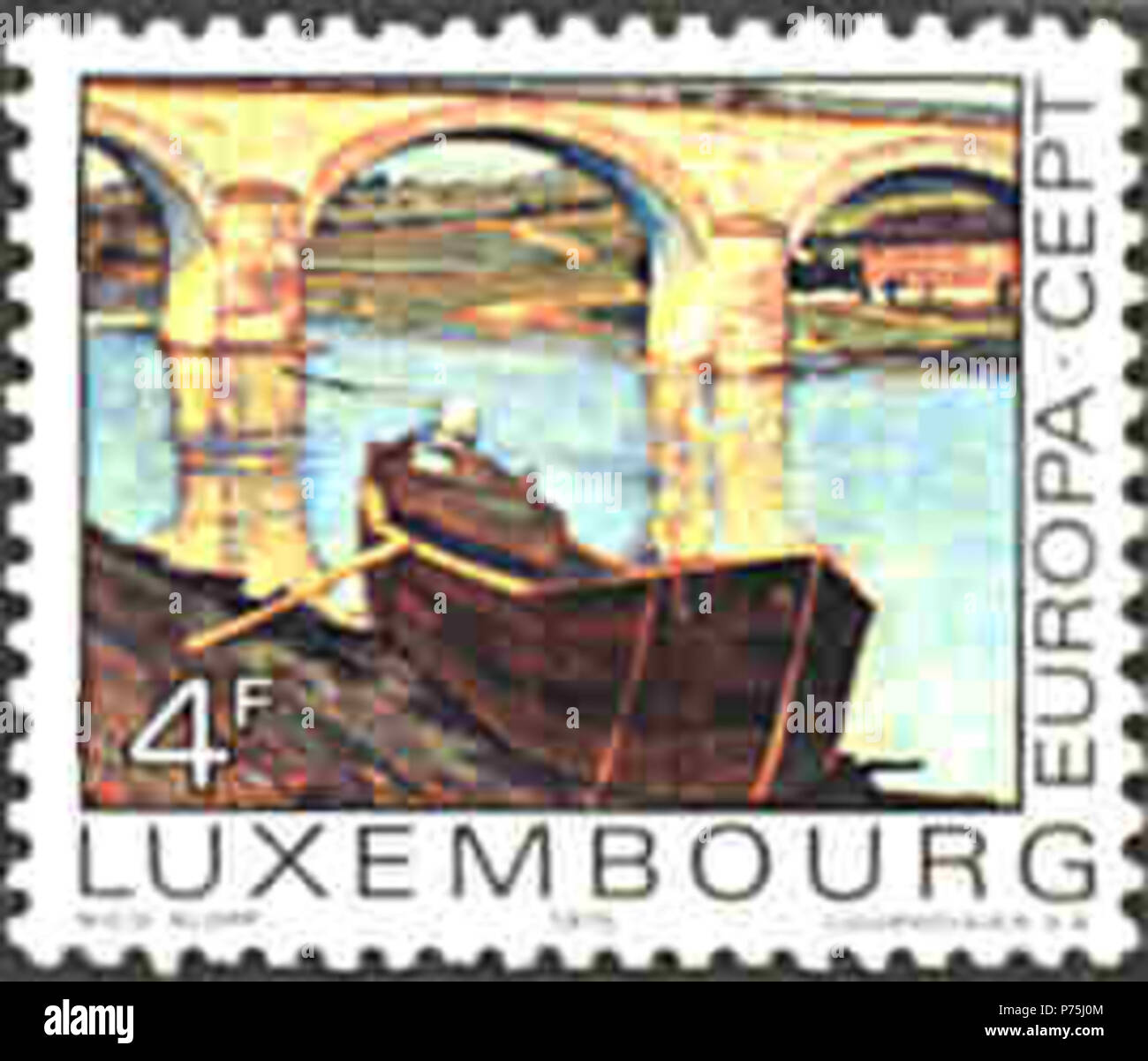 Englisch: Stempel von Luxemburg. Serie: Europa. C.E.P.T. Gemälde. Michel Nr. LU 904, Yvert et Tellier # LU 856. Kamm, 11 1/4 x 11 1/2. Drucken: Photogravure. Größe: 33,7 x 29 mm. Farben: Multicolor. Nennwert: 4 fr. - Luxemburgischer Franc. Auflage: 1.100.000. Beschreibung: 'Moselle Brücke in Esch-sur-Sûre" von Nico Klopp (1894-1930) Lëtzebuergesch: Réimecher Bréck vum Nico Klopp (1894-1930), Op engem Holz vun der lëtzebuergescher Post. . 28. April 1975 (Stempel, Datum); vom 19. Juli 2005 (original Upload Datum) 151 Klopp 2 Stockfoto