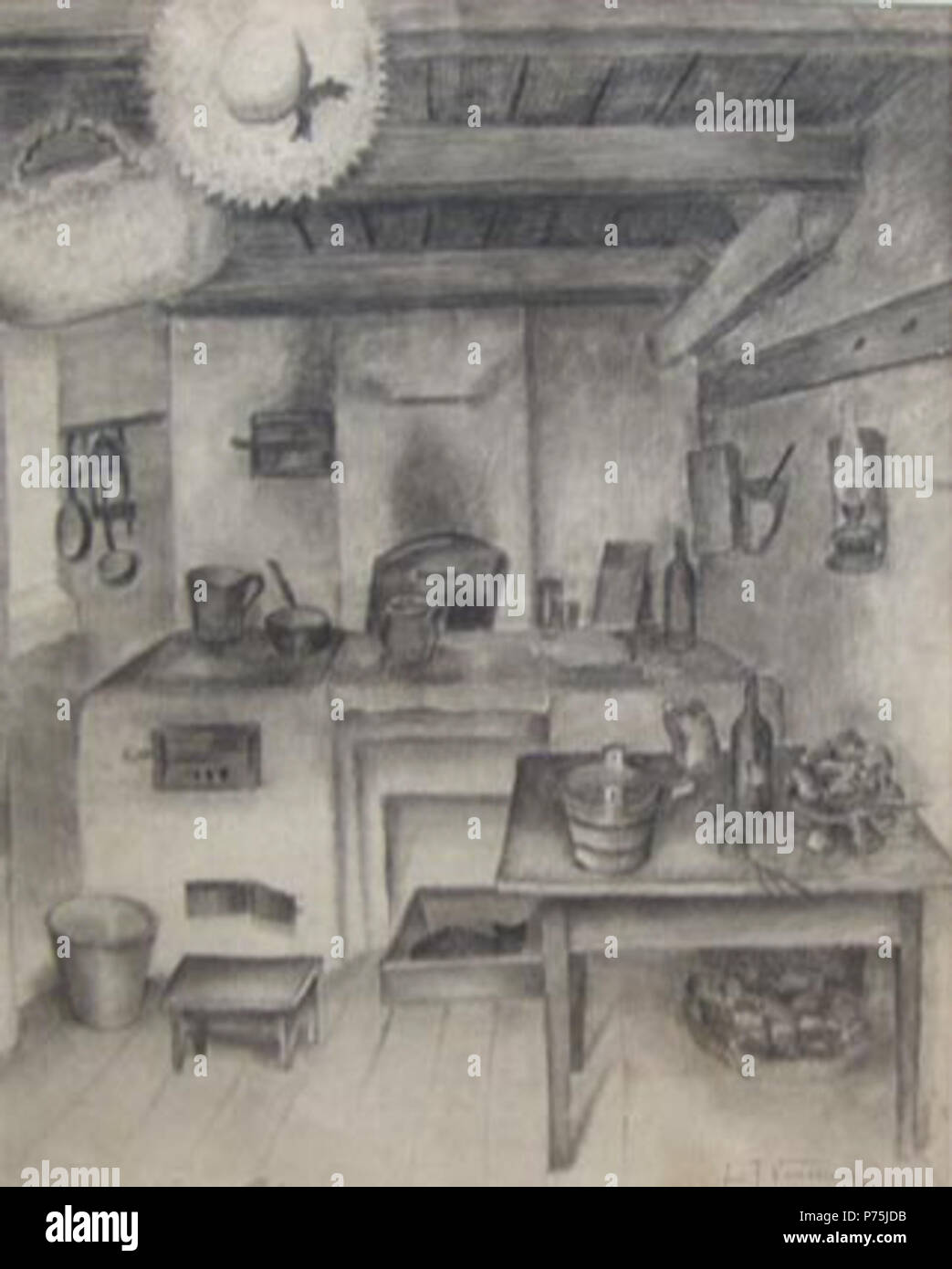 Einrichtung im Landhausstil, creion Conte/hartie, Jos dreapta semnat Cu tus, 45 x 34,5 cm. N/A 155 Leon Viorescu - Einrichtung im Landhausstil Stockfoto