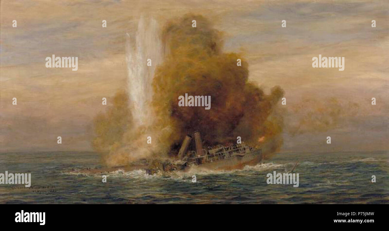 Englisch: Verlust der HMS Pathfinder, 5. September 1914 Bild: ein Gemälde  der "Pathfinder" explodiert und versinkt. Der Bug des Schiffes hat es  bereits unter der Oberfläche versenkt, und die ersten Trichter scheint