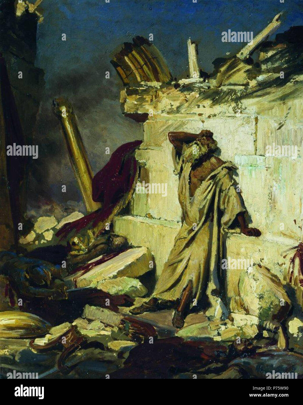 Englisch: Schrei der Prophet Jeremias auf den Trümmern Jerusalems (auf einem biblischen Thema). Öl auf Pappe. 91,3 x 75 cm. Die Staatliche Tretjakow-Galerie, Moskau. Español: Llanto del profeta Jeremías en Las Ruinas de Jerusalén (sobre un tema Bíblico). Óleo sobre Cartón. 91,3 x 75 cm. Galería estatal Tretjakow, Moscú. :(). ,. 91,3 × 75. ,. . 1870 147 Jeremia von Repin Stockfoto
