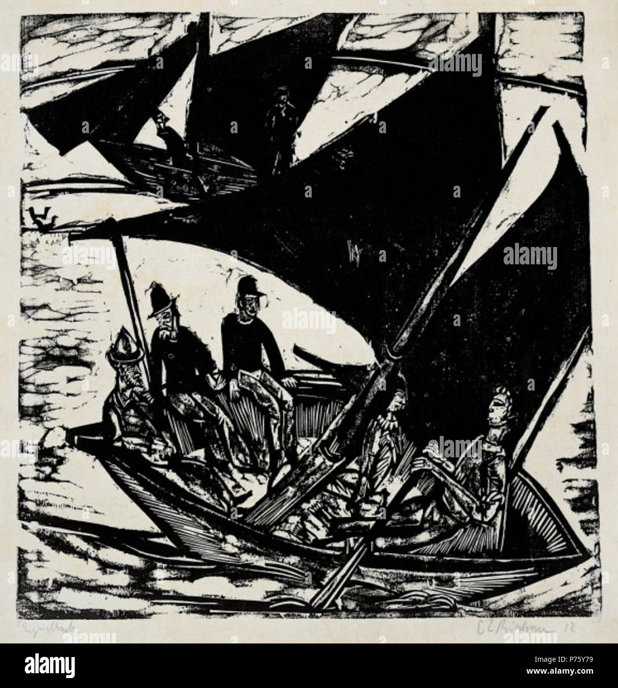 Segelboote auf Fehmarn. Holzschnitt mit schwarzen waschen Ergänzungen, staatliche aii/III. Block: 16 1/2 x 15 7/8 in. (41,9 x 40,4 cm); Blatt: 21 3/4 x 17 3/8 in. (55,2 x 44,1 cm). 1914 10 Ernst Ludwig Kirchner - Segelboote auf Fehmarn Stockfoto