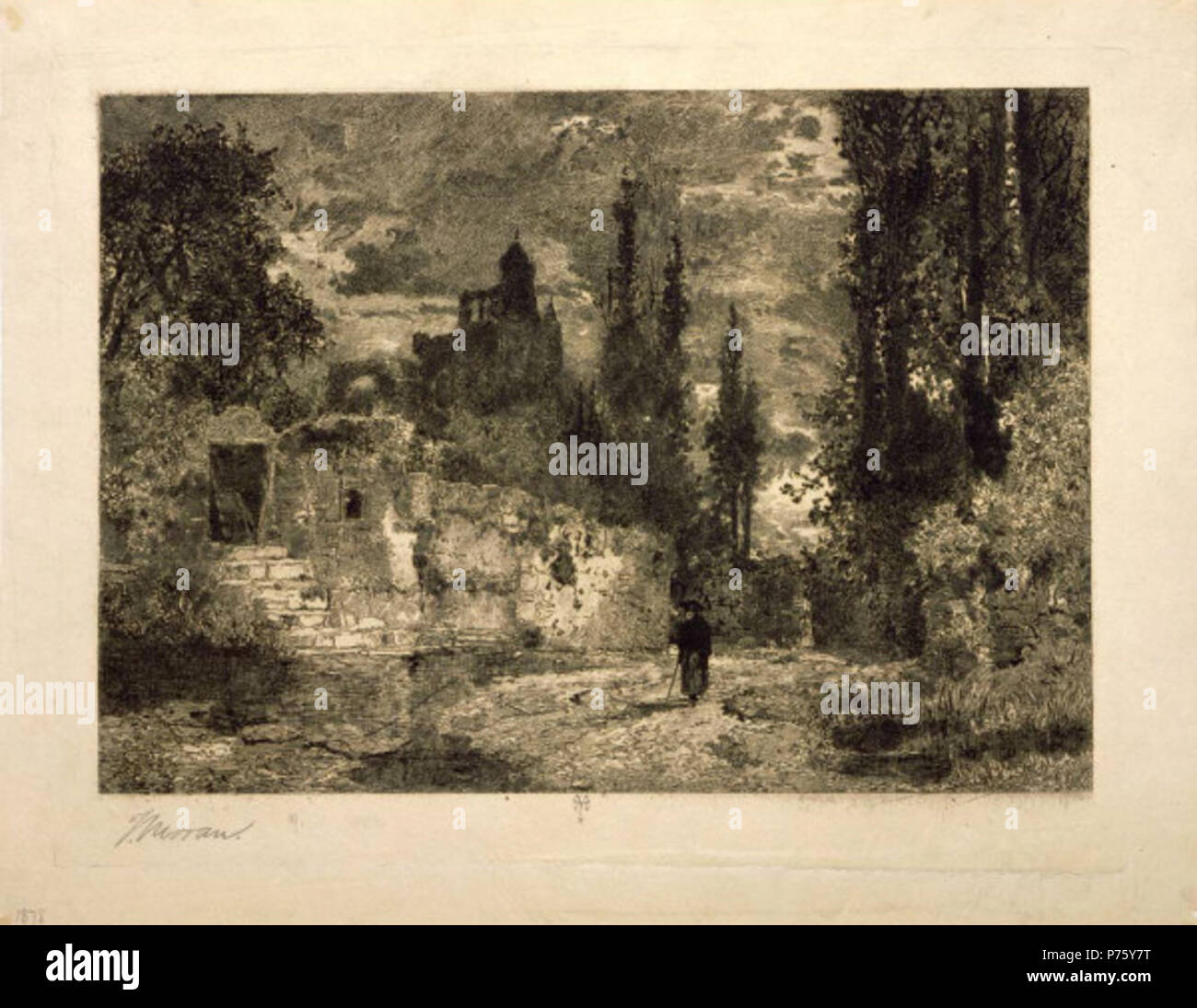 In der Dämmerung. Ätzen und Kaltnadel, Platte: 7 11/16 x 11 1/16-in. (19,5 x 28,1 cm); Blatt: 10 5/6 x 13 3/8 in. (26,5 x 34 cm). 1878 222 Thomas Moran - Twilight Stockfoto