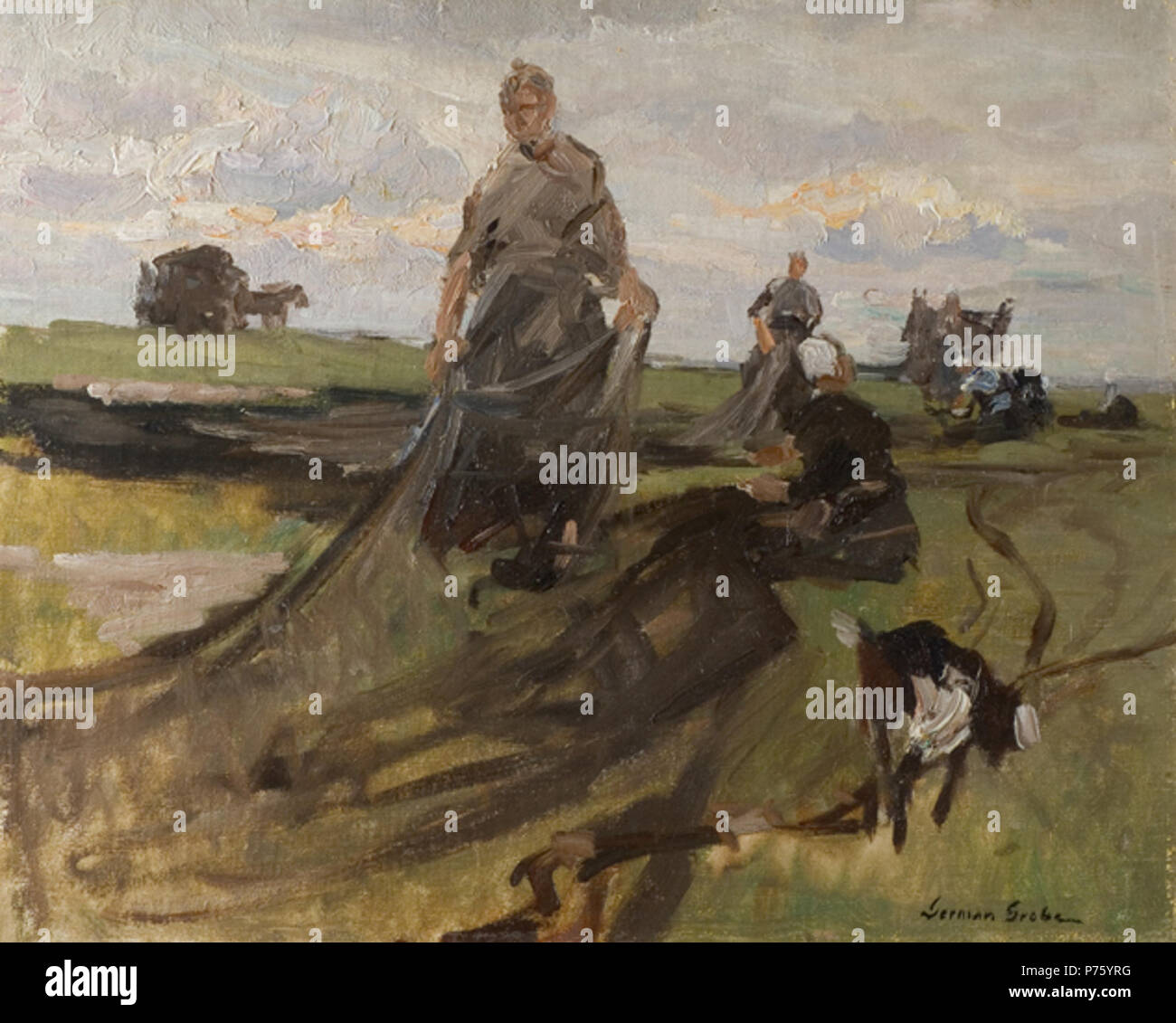 14 Deutsche Grobe Netzflickerinnen mit Ziege in den Dünen Stockfoto