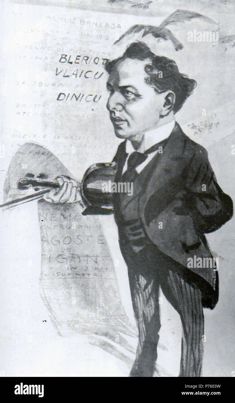 Român: Cel Mai vechi Aviator-D. Dinicu. Din caricatur Albumul meu. 1913 171 NSPetrescuGaina-Cel Mai vechi aviator D Dinicu Stockfoto