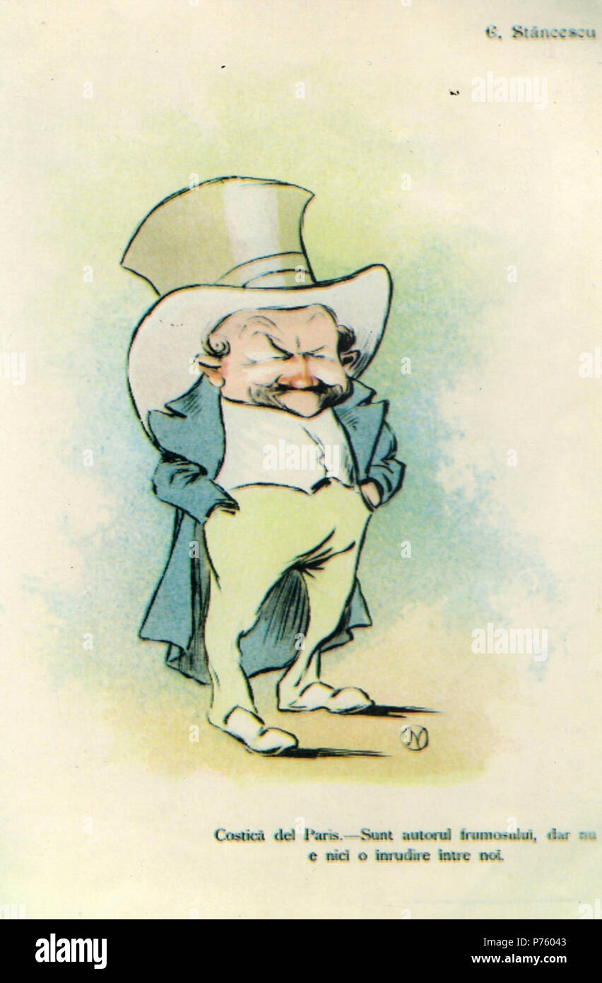 Român: Constantin I. Stncescu (caricatur din Albumul Contemporani). Costic del Paris: Sunt autorul frumosului, dar nu e Nici o înrudire între Noi. 1898 171 NSPetrescuGaina-CI Stancescu Stockfoto