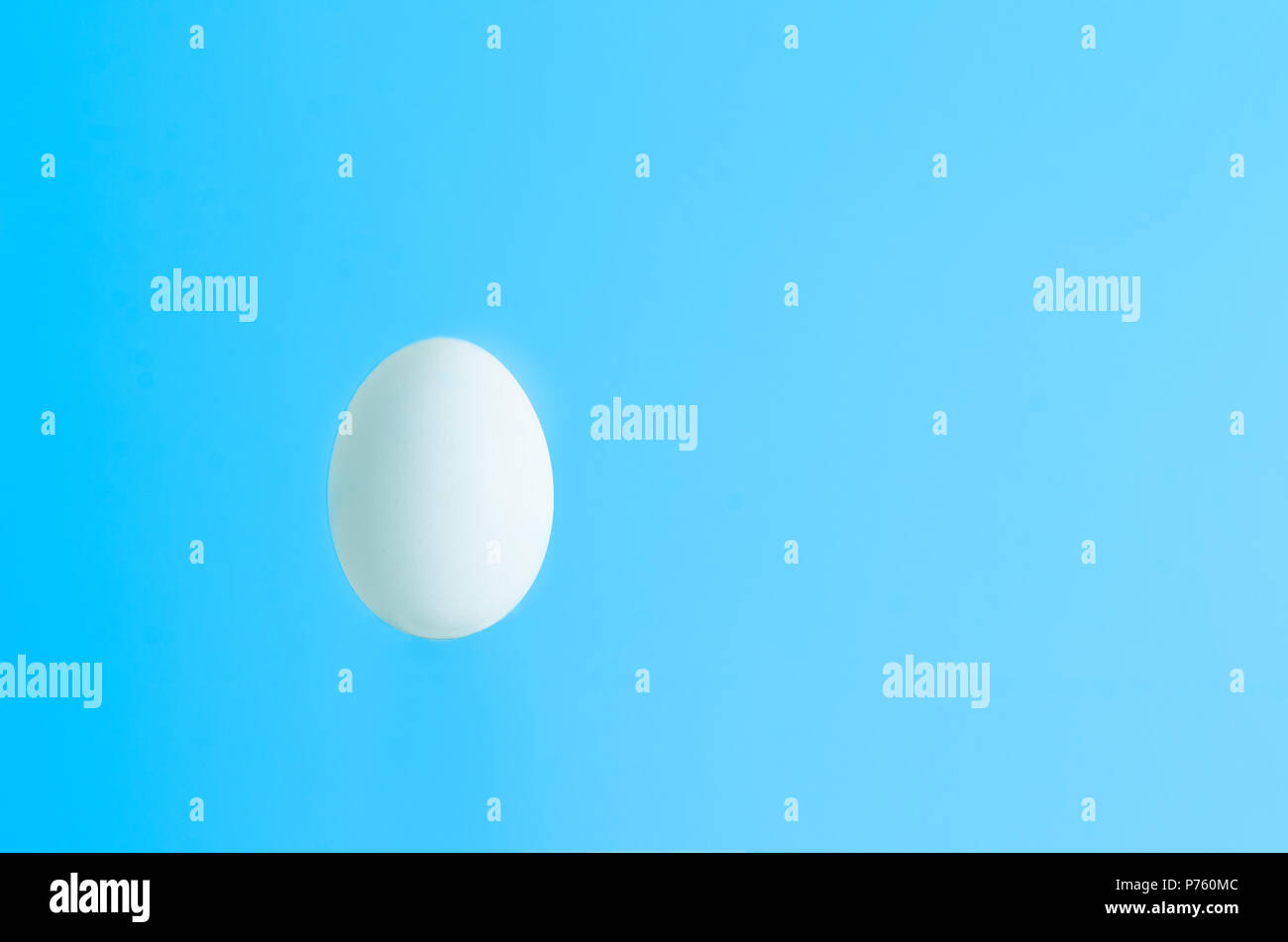 Einzelne weiße Ei gegen das Licht blau Hintergrund isoliert Stockfoto