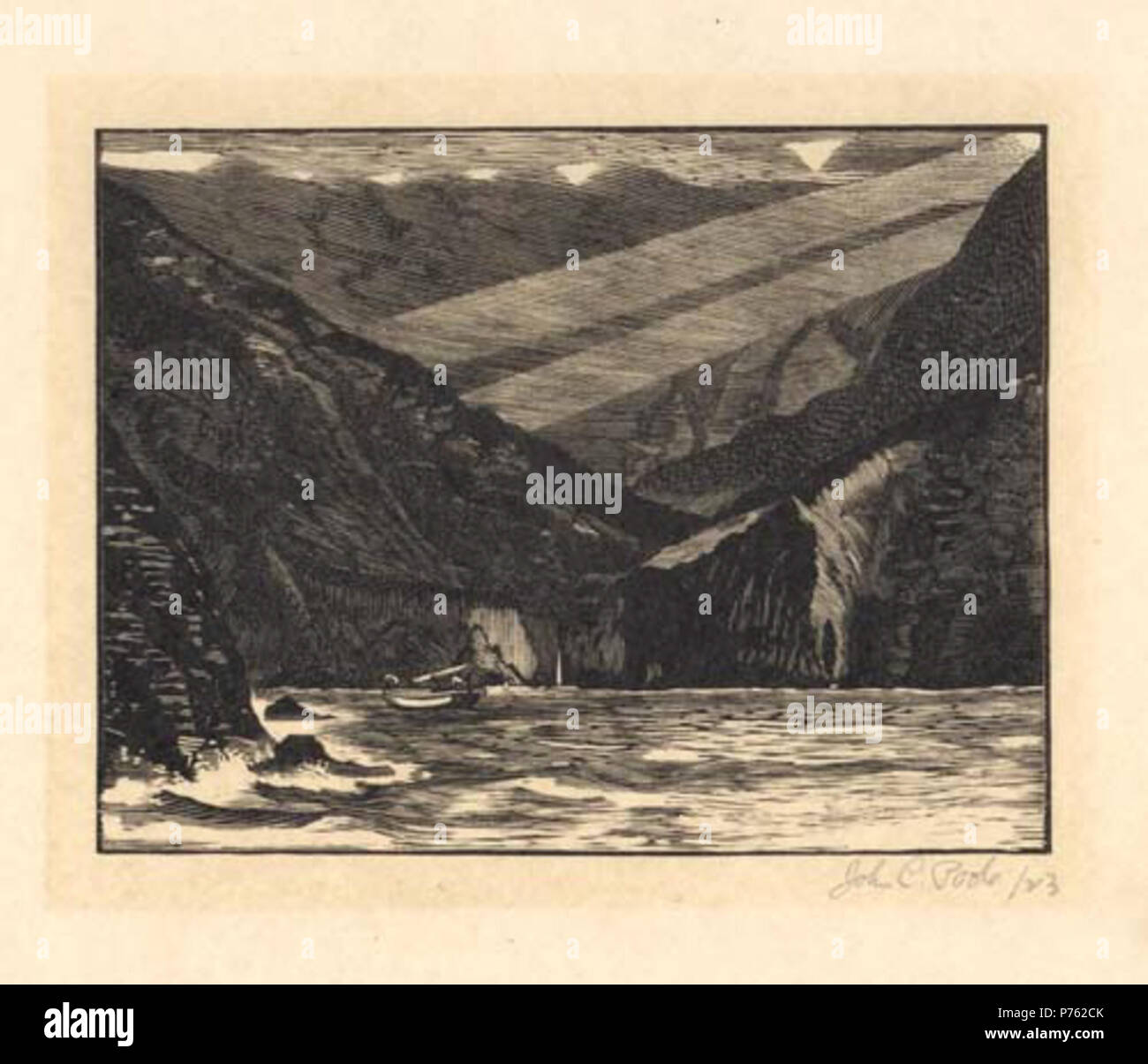 Hängetal von John C. Poole, Holzstich, 4 1/2" x 5 1/2". Datum unbekannt 188 "Hanging Valley" von John C. Poole, Holzstich Stockfoto