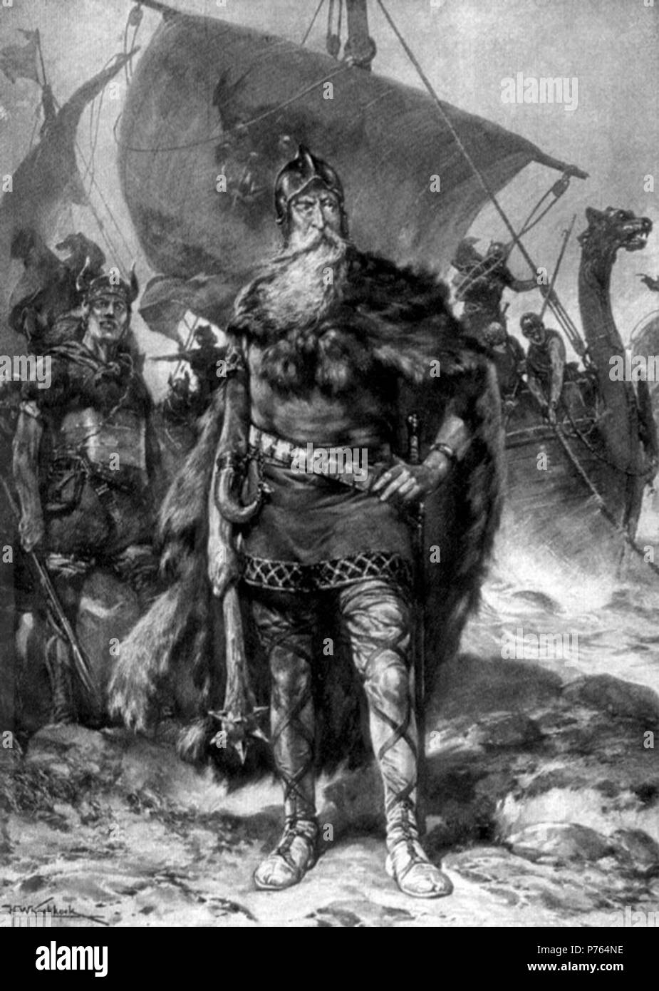 König RORIK, Sohn von Hother. Illustration zu "germanischen MYTHOS UND LEGENDE". Hrþirk (i) az ist einer rekonstruierten germanischen Namen der abgeleiteten Formen, die für eine Reihe von Menschen in Legende und Geschichte verwendet werden. Es bedeutet "berühmte Herrscher", und erscheint in der Alten Deutschen als Hrodric, in Alten Englischen Sprache als Hrðrc und Hroðricus, im Alten Osten Nordländer wie Rørik und Alten Westen Nordländer wie Hroerekr. In der primären Chronik, erscheint es, als Russisch:, d. h. Rurik. In Spanisch und Portugiesisch, es war, als Rodrigo, oder in der kurzen Form, Ruy/Rui gerendert. 1912 203 Rorik von H. W. Koekkoek Stockfoto