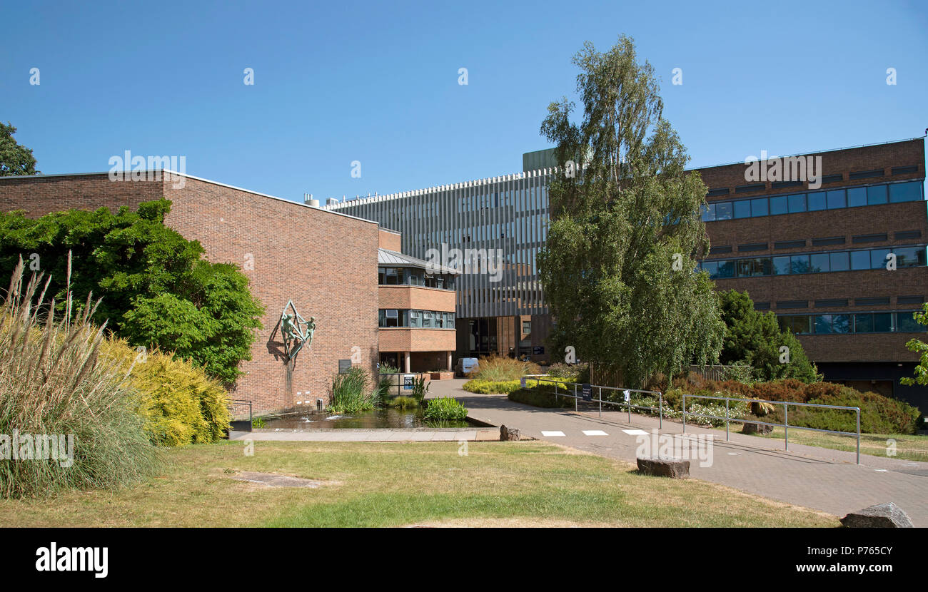 Der Universität Exeter, die streatham Campus, Exeter, Devon, England, UK. Das Henry Wellcome Gebäude für Biokatalyse & Wasser im Speicher der Antho scuplture Stockfoto
