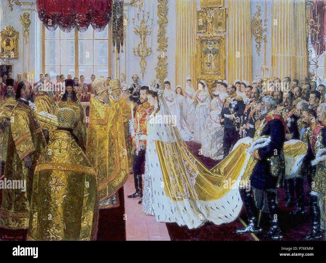 Die Ehe der Nikolaus II., Zar von Russland, 26. November 1894 Prinzessin Alix von Hessen (1872-1918) war die Queen Victoria Enkelin. Sie heiratete Zar Nikolaus II., Zar von Russland, das am 26. November 1894 in die kaiserliche Kapelle des Winter Palace. Hier der Bräutigam und Braut halten brennende Kerzen und der Erzbischof von St. Petersburg Macht das Zeichen des Kreuzes, bevor Sie mit Ihrem Engagement Ringe. Der Zar ist in Husar uniform und die Braut trägt ein Diamant Krone und das Imperial gold-bestickten Umhang mit Hermelin gesäumt. Die orange Blüte wurde von der Kaiserlichen conserva gebracht Stockfoto Die Ehe der Nikolaus II., Zar von Russland, 26. November 1894 Prinzessin Alix von Hessen (1872-1918) war die Queen Victoria Enkelin. Sie heiratete Zar Nikolaus II., Zar von Russland, das am 26. November 1894 in die kaiserliche Kapelle des Winter Palace. Hier der Bräutigam und Braut halten brennende Kerzen und der Erzbischof von St. Petersburg Macht das Zeichen des Kreuzes, bevor Sie mit Ihrem Engagement Ringe. Der Zar ist in Husar uniform und die Braut trägt ein Diamant Krone und das Imperial gold-bestickten Umhang mit Hermelin gesäumt. Die orange Blüte wurde von der Kaiserlichen conserva gebracht Stockfoto