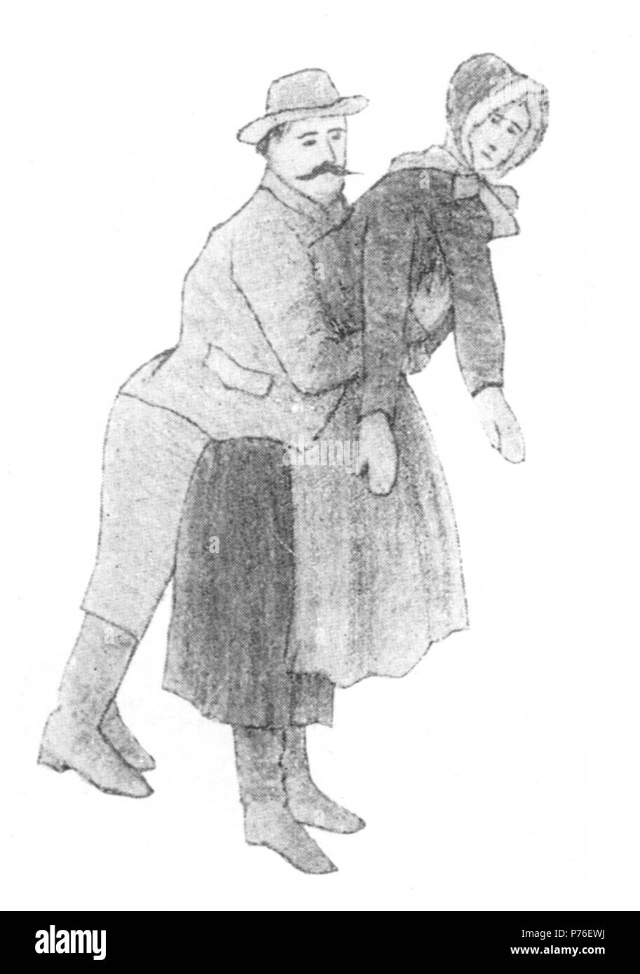 English: Originalbildunterschrift: "Der Tote trägt den Lebenden." Der Oberleib einer Frau aus Stroh wird getragen von einem Mann im Frauenrock, dm bin Gebrauchspurig Mannsbeine aus Stroh festgebunden sind, wohl eine Darstellung von Sommer und Winter; der Sommer als Sieger. Wendisch, jenseits der Grenze. Dorf Mühlrose, Schlesien. 1880. 1880 228 Wilibald von Schulenburg 034 Stockfoto