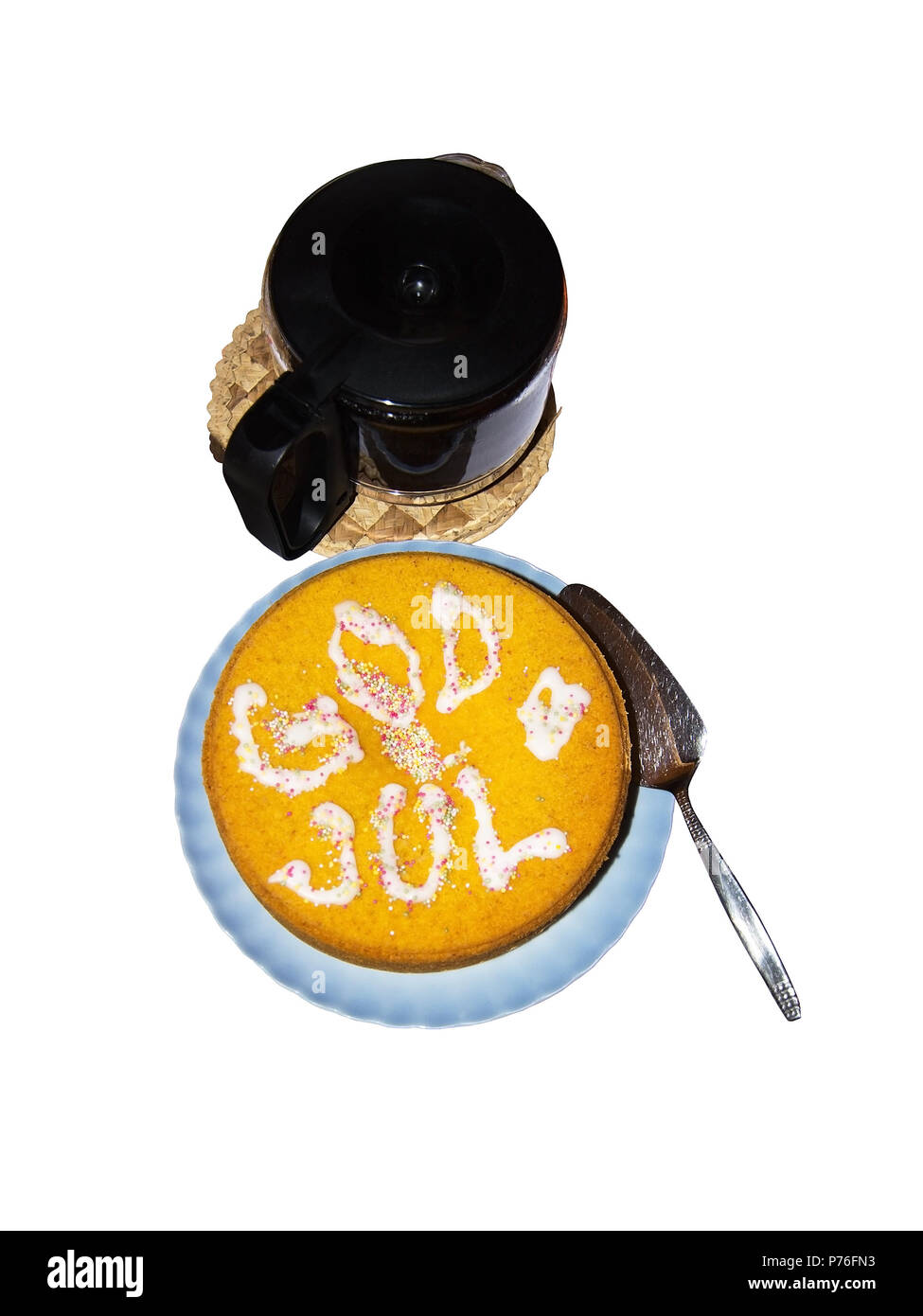 Weihnachten Couchtisch softcake mit Text Gott Jun Sinne Frohe Weihnachten isoliert auf Weiss. Stockfoto