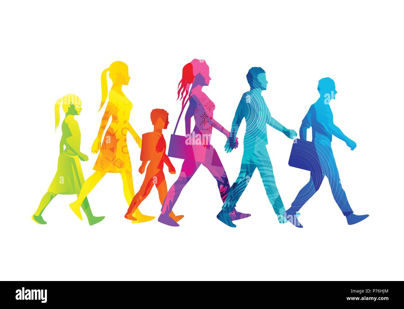 Eine Auswahl von Menschen Silhouetten zu Fuß, darunter Kinder, Frauen und Männer. Bunte Textur vektor Illustration. Stock Vektor