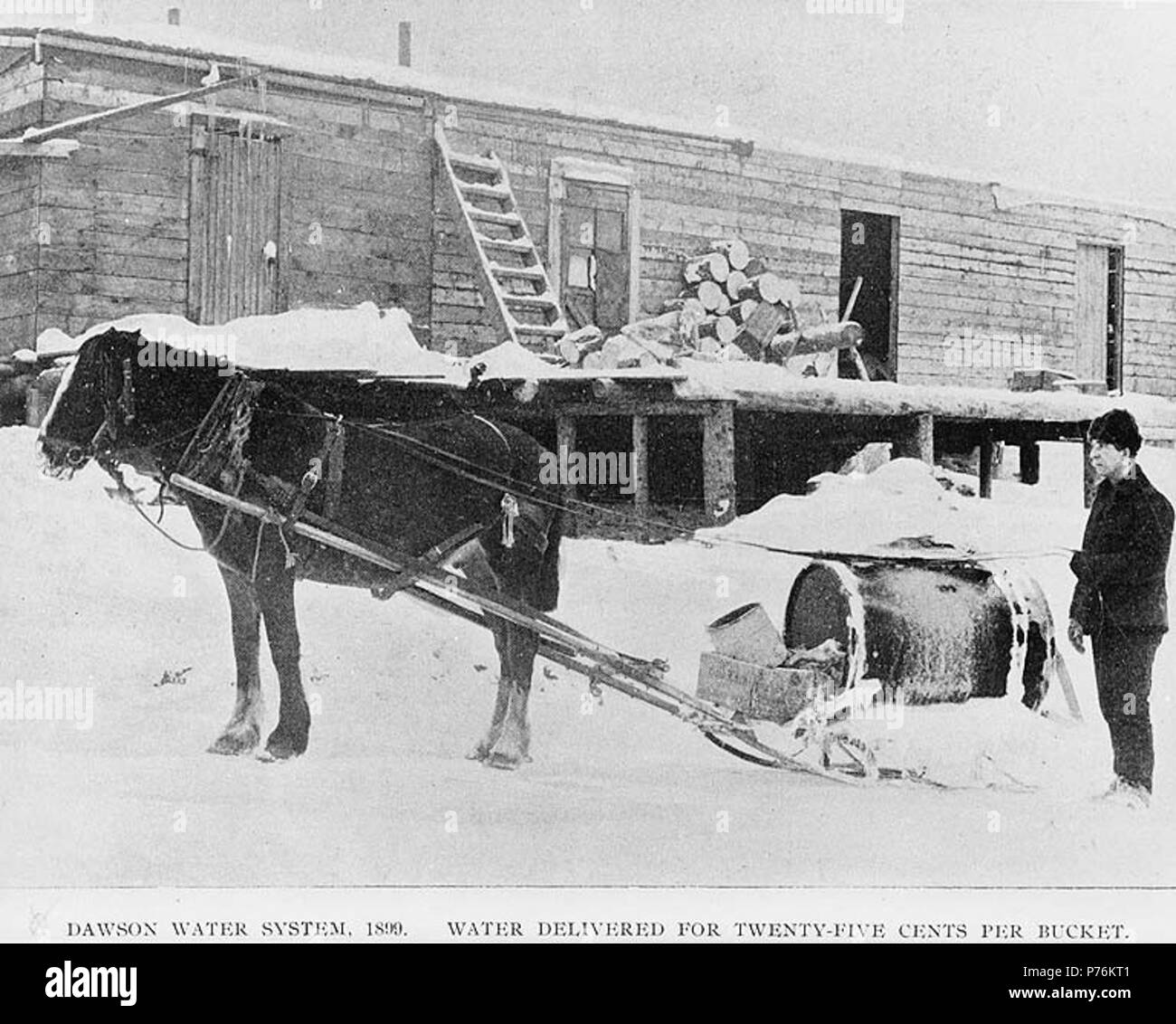 . Englisch: Pferden gezogenen Schlitten, die Wasser, Dawson City, Yukon Territory, Ca. 1899. Englisch: Legende auf Bild: 'Dawson Wasser System, 1899. Wasser geliefert für 25 Cents pro Eimer." Themen (LCTGM): Entwurf der Tiere ------ Yukon Dawson; Schlitten - - Yukon - Dawson; Trinkwasser ------ Yukon Dawson. ca. 1899 6 Pferden gezogenen Schlitten, die Wasser, Dawson City, Yukon Territory, ca 1899 (HEGG 662). Stockfoto