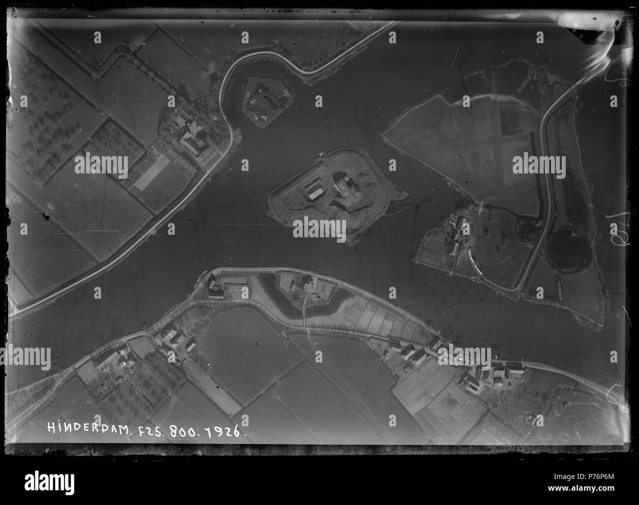 Nederlands: Verticale luchtfoto van Fort Hinderdam from 800 m Hoogte. 1926 225 Verticale luchtfoto van Fort Hinderdam 800 m Stockfoto