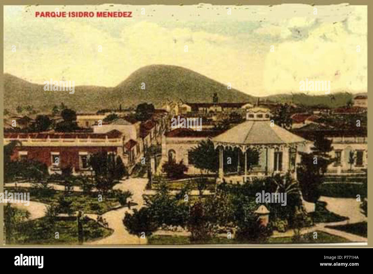 Español: Litografía pintada a Mano en la que se muestra la Ciudad salvadoreña de Santa Ana, Vista desde el Campanario De la iglesia El Calvario de la década de 1880. 1880s, editada en 1904 y Pintada a Mano en 1943 1 Santa Ana desde parque Menendez 1880s Stockfoto