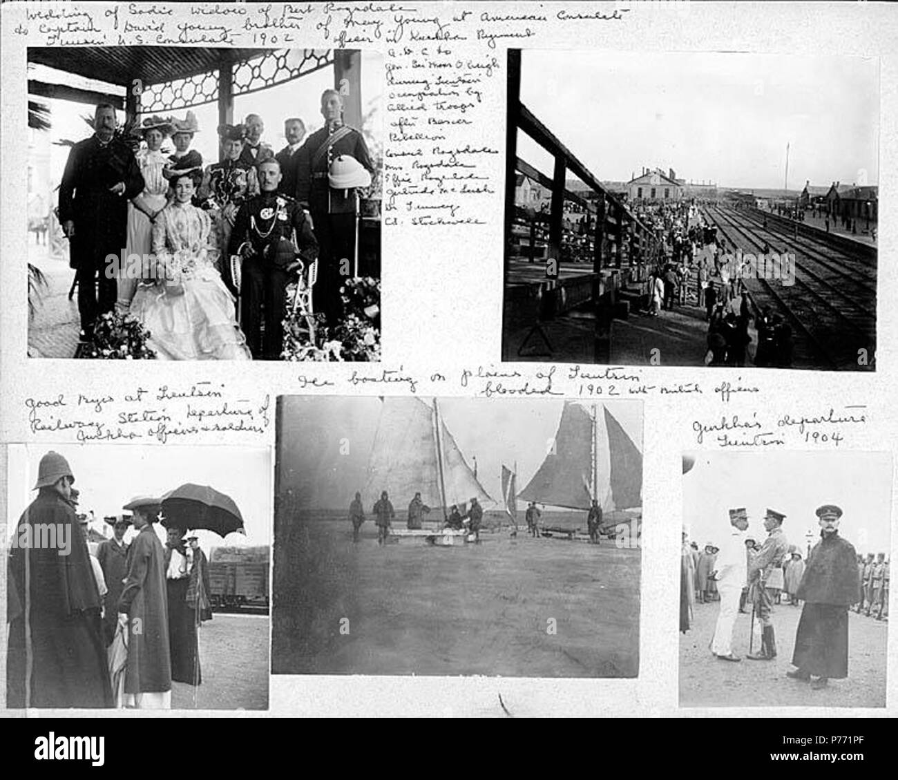 . Englisch: 7.09 soziales Leben, eine Hochzeit und Abfahrt von der Peking Bahnhof, 1902-1904. Englisch: Untertitel auf Album Seite: Hochzeit von Sadie Witwe von Bert Ragsdale an Kapitän David Young, Bruder von Mai Jung im Amerikanischen Konsulat, Tien Tsin, US-Konsulat 1902. Officer in Gurkha Regiment A.D.C. zu Allgemeinen Seymour O. Creigh während der Besetzung durch die alliierten Truppen nach dem Boxeraufstand, Konsul Ragsdale, Frau Ragsdale, Effie Ragsdale, Gertrude McLeish, Dr. Teuney () und Oberst Stockwell; Good-byes bei tien tsin Bahnhof, Abfahrt von gurkha Offiziere und Soldaten; Eis Bootfahren auf Ebenen Stockfoto