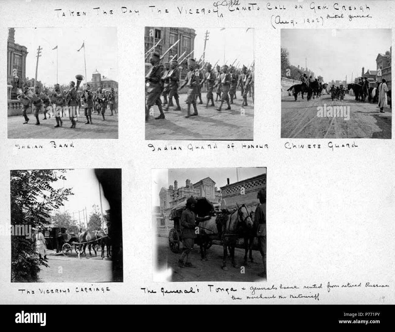 . Englisch: 7.19 Parade, 1902. Englisch: Untertitel auf Album Seite: der Tag der Vizekönig von Chihli kam auf Gen. Creigh, britischer General (Aug. Anrufen 1902); indische Band; Indische Ehrengarde; Chinesisch; der Vizekönig der Beförderung; die allgemeine Tonga und die allgemeinen Haus von pensionierten Russischer Tee Kaufmann Herr Batonieff gemietet (). PH-Coll 241. B 19a - e Themen (LCTGM): Umzüge und Prozessionen - China; militärischen Paraden und Zeremonien - China; Soldaten - Indische - China; Ehrengarde - China; Kutschen & Trainer - China; Pferde - China Fächer (LCSH): Generäle -- Wohnungen -- China. 1902 1 719 Parade, 1902 (CHA Stockfoto
