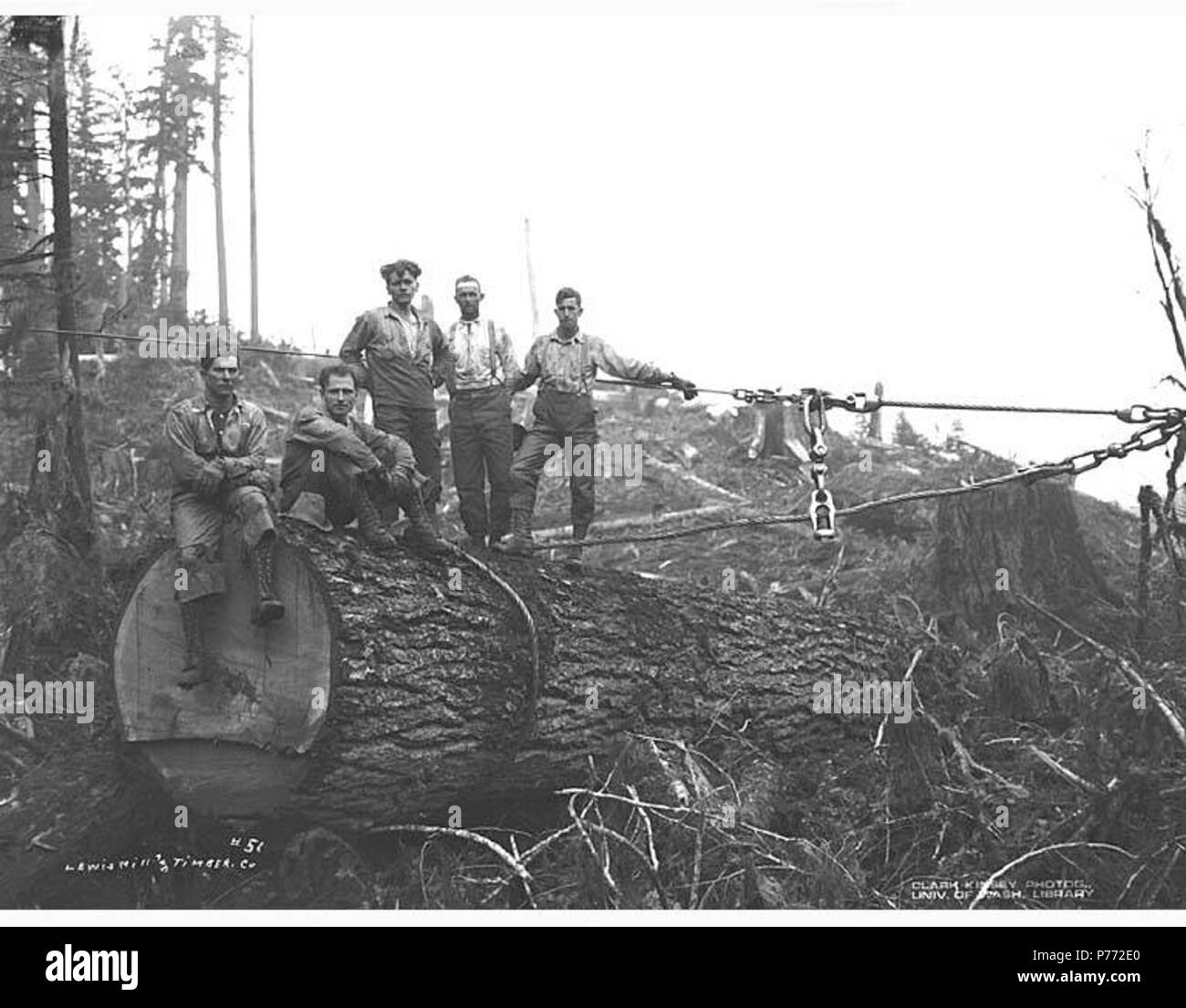 . Englisch: Collier Setter, Lewis, Mühle und Timber Company, Ca. 1922. Englisch: Legende auf Bild: Lewis Mühle und Bauholz Co Nr. 51 PH-Coll 516.1729 Die Lewis Mühle & Holz Unternehmen wurde im Geschäft kann. 1910 bis 1931, in South Bend und mit Protokollierung der Vorgänge in Frances gehabt. 1924 hatte das Unternehmen 100 Mitarbeiter. South Bend ist drei Meilen von der Mündung des Willapa River in Willapa Harbor in North Central Pacific County. 1860 in dieser Stadt begann als ein Sägewerk. Die South Bend Land Company blühte die Stadt und es entwickelte sich schnell in den 1890er Jahren. Der Name weist auf die unterschiedlichen Biegung zur Stockfoto