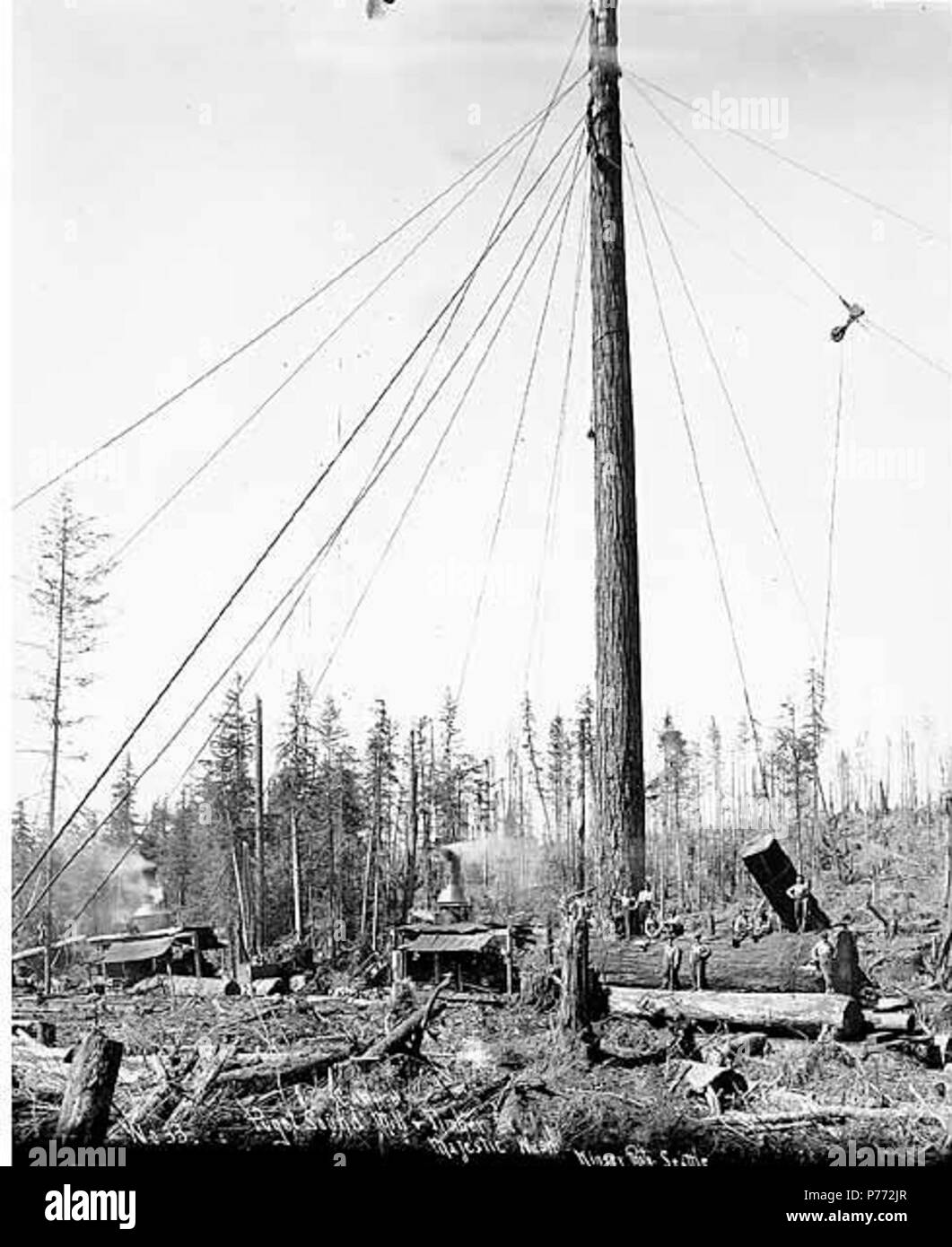 . Englisch: Mannschaft an der Ladestelle mit zwei Esel Motoren und spartree, Camp 6, Puget Sound Mühle und Timber Company, möglicherweise an der majestätischen, Ca. 1922. Englisch: Legende auf Bild: Camp 6, Puget Sound Mill & Holz Co., Majestic, Washington Kinsey Foto, Seattle. Nr. 33 PH-Coll 516.3004 Puget Sound Mill & Holz Firma schnitt seine ersten Bauholz in Port Angeles im Jahre 1914. Protokollierung der Vorgänge wurden am 2. Die Mühle war aus dem Geschäft von 1927. Die Lage von Majestic ist unbekannt; vermutlich war es in Clallam County [cataloger Hinweis]. Themen (LCTGM): Dampf Esel - Washington (State); Logger; Protokolle; Hebezeug Stockfoto