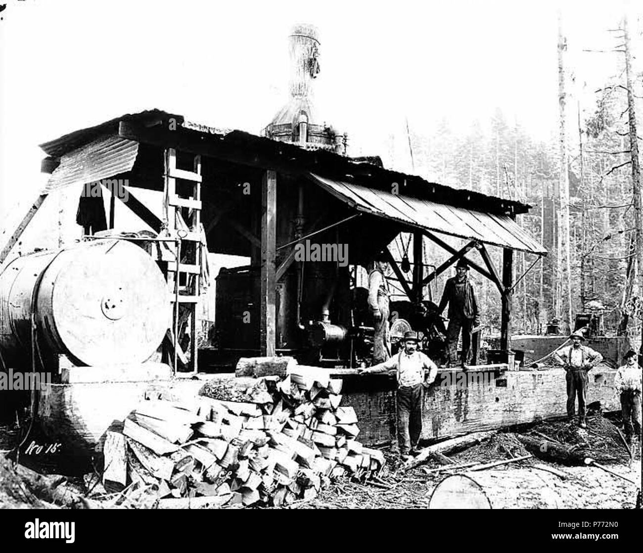 . Englisch: Crew mit Esel Motor, Vance Lumber Company, in der Nähe von Malone, Ca. 1916. Englisch: Legende auf Bild: Vance Logging Co., Malone, Washington Nr. 15 PH-Coll 516.4505 Das Sägewerk in Malone wurde vor 1908 von der Joe Vance Lumber Company gegründet. Es war für die Bordeaux Lumber Company verkauft werden kann. 1922. Malone ist eine Gemeinschaft, die auf dem Moxie Creek 15 Meilen östlich von Montesano im Südosten Grays Harbor County. Es war einmal ein Sägewerk und Schindel Mühle Stadt, aber nun hat keine Bedeutung. Der Name ist für Hector J. Malone, der die erste Schindel Mühle im Jahre 1897 gegründet. Malone war eine Stadt, wo Stockfoto