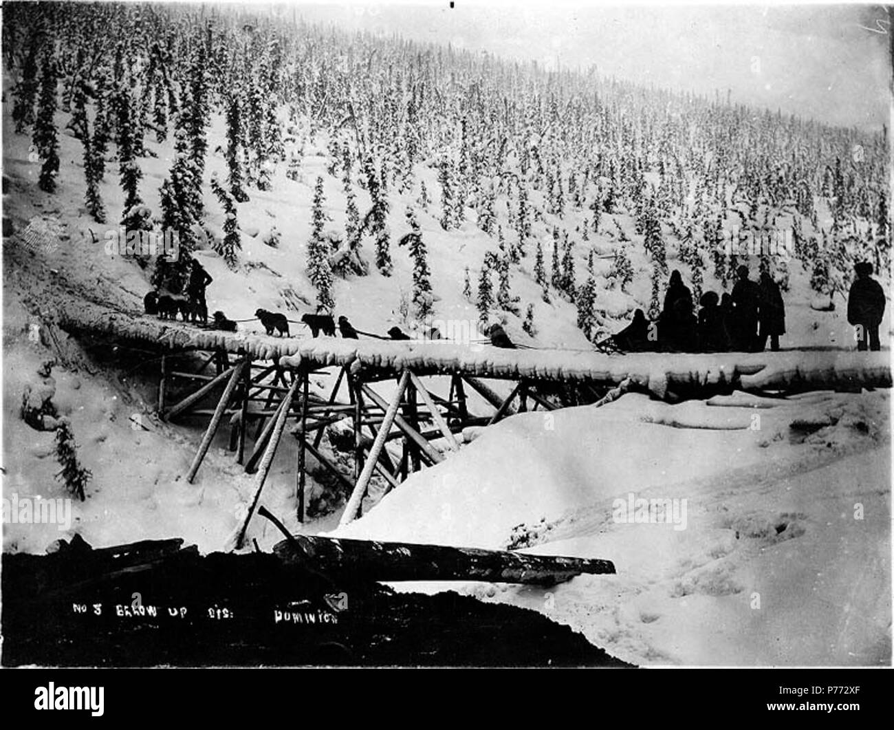 . Englisch: Hundeschlitten Kreuzung Brücke über Dominion Creek im Winter im Yukon Territory, Ca. 1898. Englisch: Legende auf Bild: "Nein. 5 unten, Dis. Dominion". Klondike Gold Rush. Themen (LCTGM): Schlitten & Schlitten - Yukon, Schlittenhunde-- Yukon, Brücken - die Yukon Themen (LCSH): Dominion Creek (Yukon). ca. 1898 3 Hundeschlitten Kreuzung Brücke über Dominion Creek im Winter im Yukon Territory, ca 1898 HEGG (2) Stockfoto
