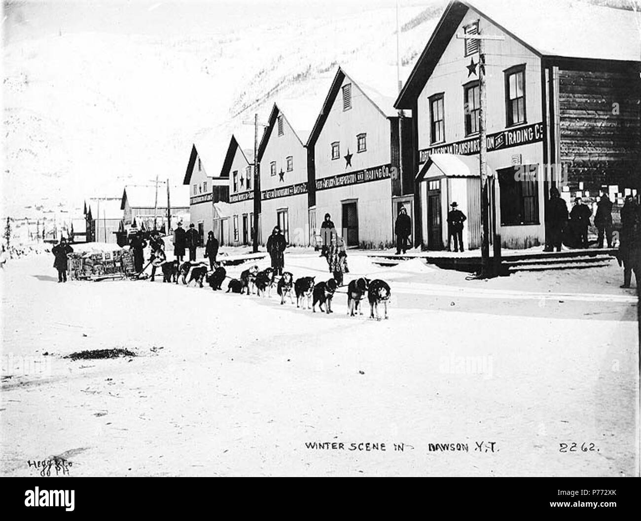 . Englisch: Hundeschlitten team Lebensmittel Lieferungen außerhalb der Nordamerikanischen Transport und Trading Co. Büros, Dawson City, Yukon Territory, Ca. 1899. Englisch: Legende zum Bild: 'Winter Szene in DawsonY.T.'. Klondike Gold Rush. Themen (LCTGM): Hund Mannschaften - Yukon - Dawson; Schlitten & Schlitten - Yukon - Dawson; Straßen---- Yukon Dawson; Büros ------ Yukon Dawson; Lager---- Yukon Dawson Themen (LCSH): Dawson (Yukon); North American Transport- und Handelsgesellschaft. ca. 1899 3 Hundeschlitten team Lebensmittel Lieferungen außerhalb der Nordamerikanischen Transport und Handel Co Büros, Dawson City, Yukon Territo Stockfoto