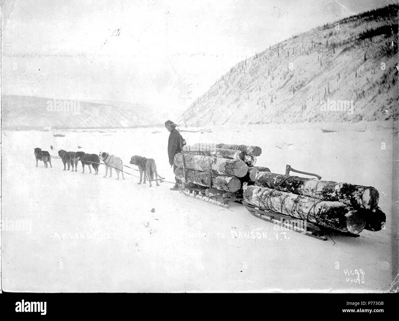 . Englisch: Klondyker schleppen Protokolle im Winter mit Hundeschlitten Team nach Dawson City, Yukon Territory, Ca. 1898. Englisch: Legende zu Bild: 'eine Klondyker schleppen Holz zu DawsonY.T.' Klondike Gold Rush. Themen (LCTGM): Schlittenhunde---- Yukon Dawson; Schlitten - - Yukon - Dawson; Log Transport---- Yukon Dawson. ca. 1898 6 Klondyker schleppen Protokolle im Winter mit Hundeschlitten Team nach Dawson City, Yukon Territory, ca 1898 HEGG (48) Stockfoto