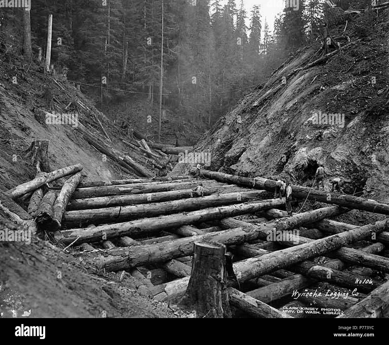 . Englisch: Log Eisenbahn Bock im Bau, Wynooche Timber Company, in der Nähe der Montesano, Ca. 1921. Englisch: Legende auf Bild: Wynoche Logging Co Nr. 106 PH Coll 516.5193 Die Wynooche Holz unternehmen kann. 1913 mit Hauptsitz in Hoquiam und Protokollierung der Vorgänge in Montesano. Es war für Wynooche Tal im Nordosten Grays Harbor County genannt. Wynooche Timber Company wurde von Schafer Brüder Logging Company gekauft. 1927. Montesano, der Sitz der County Grays Harbor County, ist acht Meilen östlich von Aberdeen auf der Chehalis River in der Nähe der Mündung des Wynooche Fluß in der Mitte von Gra Stockfoto
