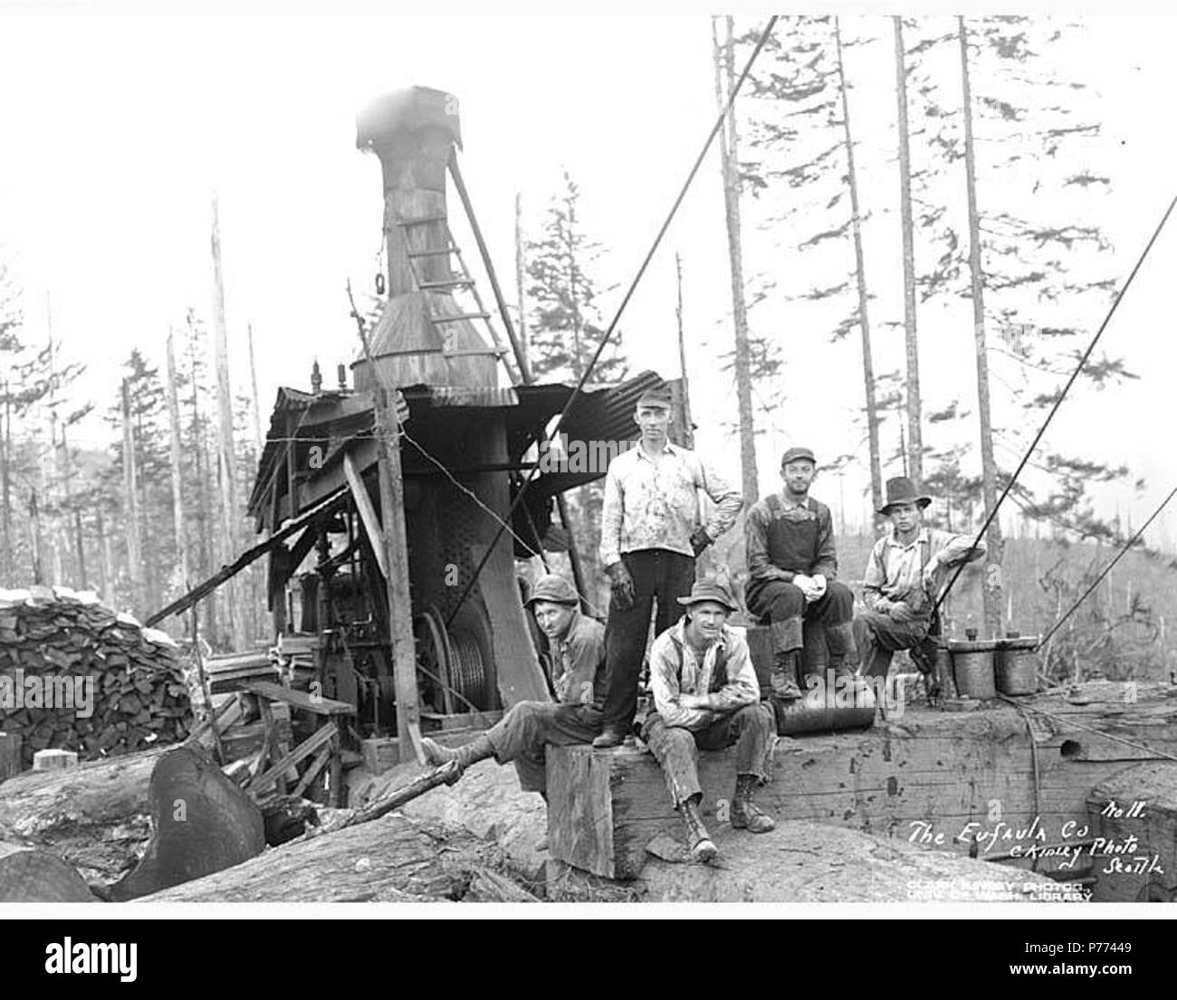 . Englisch: Logging Crew und Esel, die Eufaula Firma, Ca. 1921. Englisch: Legende zum Bild: Die Eufaula Co.C. Kinsey Foto, Seattle. Nr. 11 PH-Coll 516.1152 Die Eufaula Unternehmen wurde im Geschäft kann. 1915 bis Ca. 1926. Eufaula ist ein ehemaliger logging Stadt, die jetzt praktisch zwei Meilen nördlich des Columbia River und vier Meilen nordwestlich von Longview in westlichen Cowlitz County verlassen. In den späten 1880er Jahren wurde die Stadt von Jefferson D. Brock, ein Angestellter eines Logging Company genannt, für seine Heimatstadt in Alabama Themen (LCTGM): Logger; Dampf Esel - Washington (State); Brennholz - Washington Stockfoto