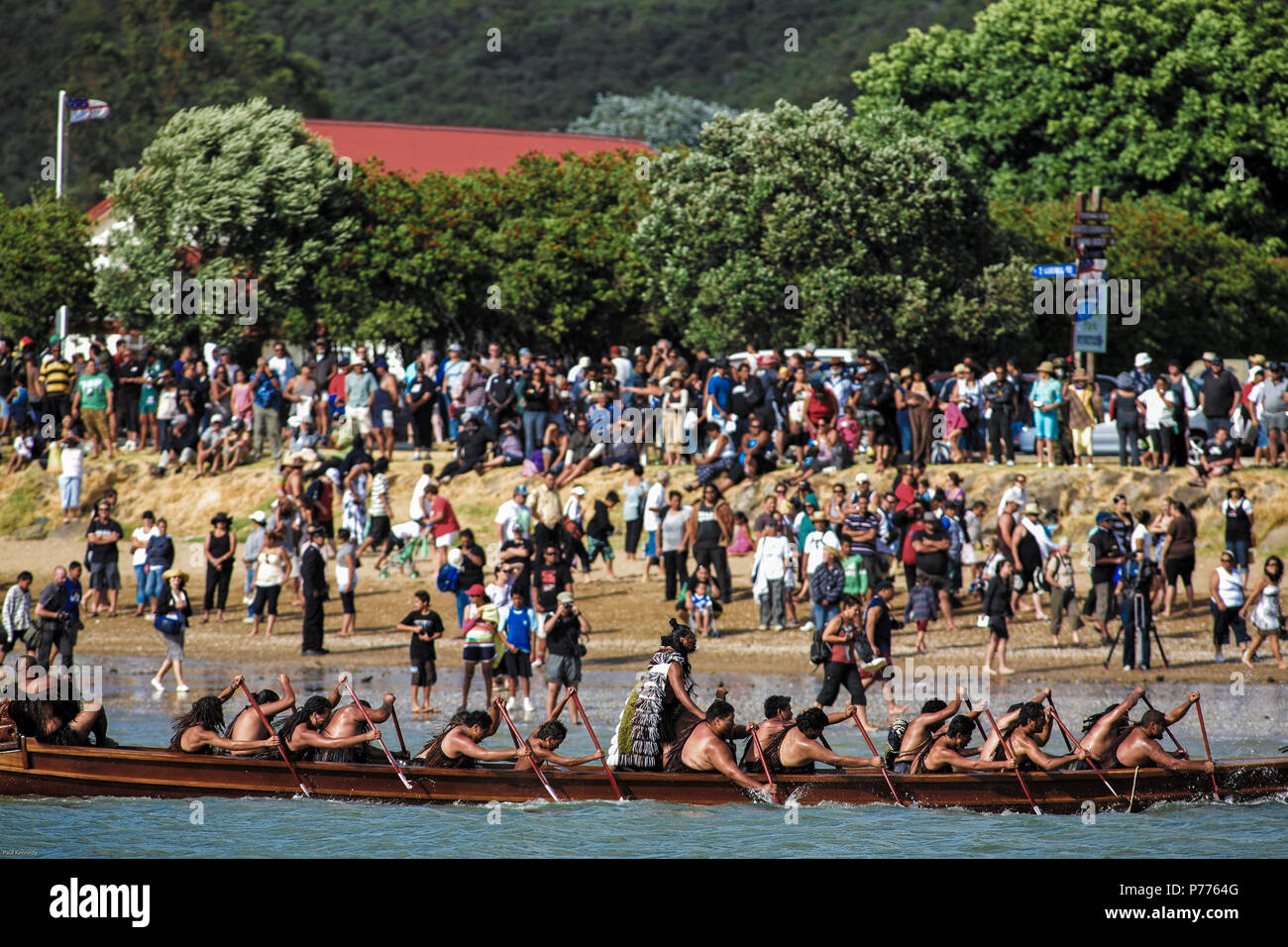 Maori warriors Paddel Waka Taua (Krieg Kanus) in Waitangi Day feiern in Waitangi, Neuseeland Stockfoto