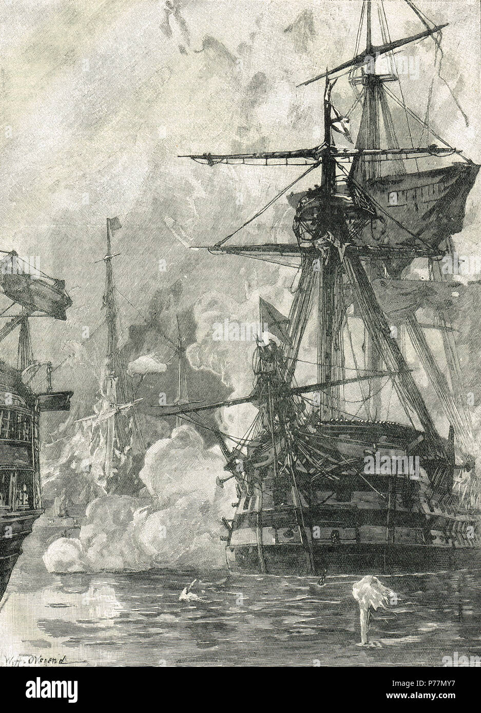 Russischen Angriff auf den Hafen von Sinop, Türkei, 30. November 1853. Die Schlacht von Sinop, oder die Schlacht von Sinope. Eine russische Marine Sieg über das Osmanische Reich während des Krimkrieges das war ein beitragender Faktor zu bringen Frankreich und Großbritannien in den Konflikt. Stockfoto