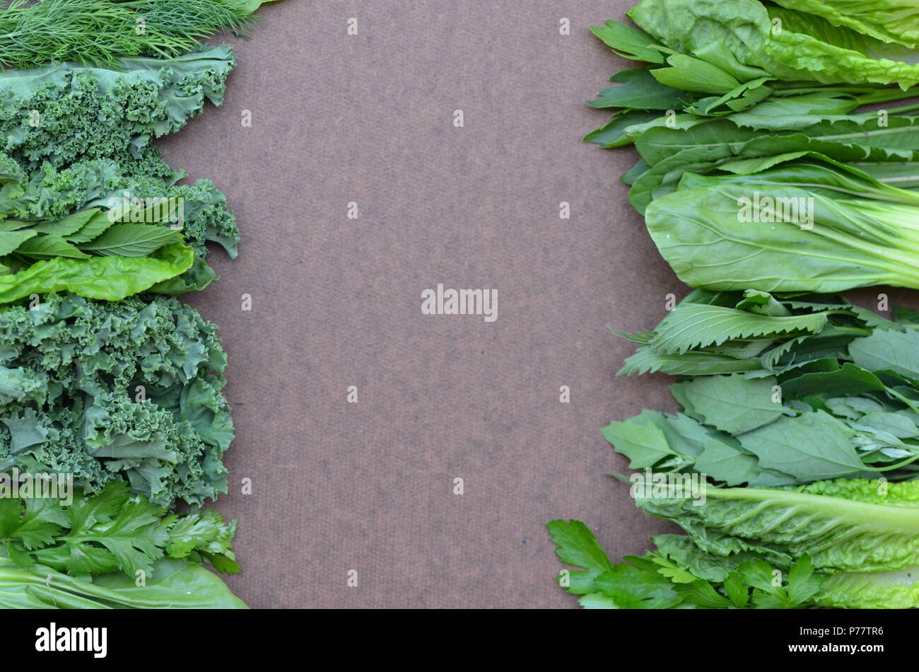 Ansicht von oben flach Layout der Frische Küchenkräuter und grünes Blattgemüse mit kopieren. Hintergrund für Ernährung, Essen, Gesundheit, Diät und Gewichtsverlust. Stockfoto