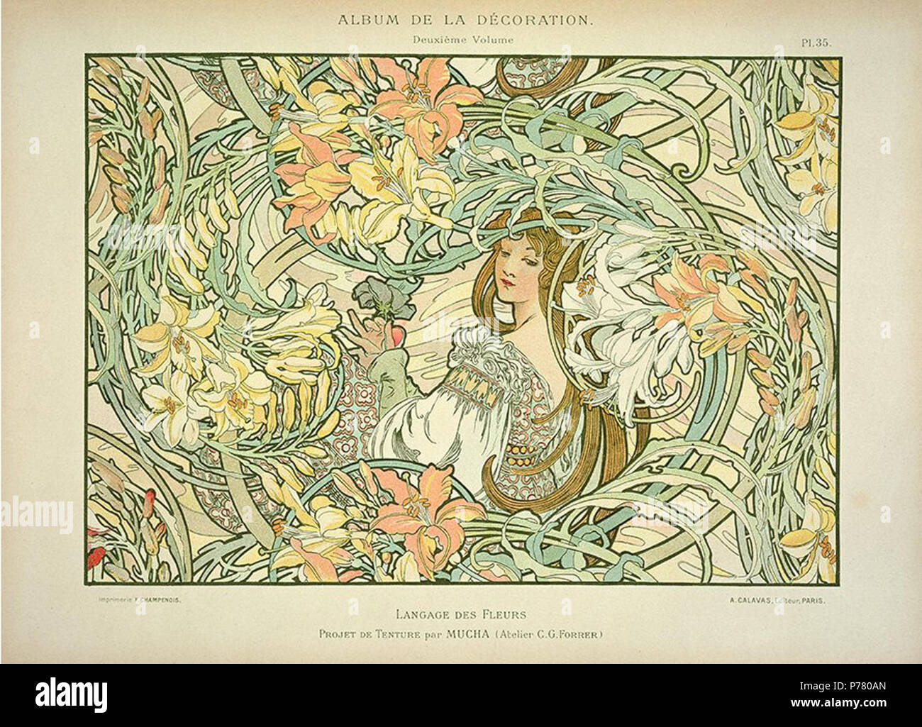 Englisch: die Sprache der Blumen von Alphonse Mucha, Platte 35 Aus Album de la Décoration, 1900 Farblithographie. 1900 1 "Sprache der Blumen" von Alphonse Mucha Stockfoto