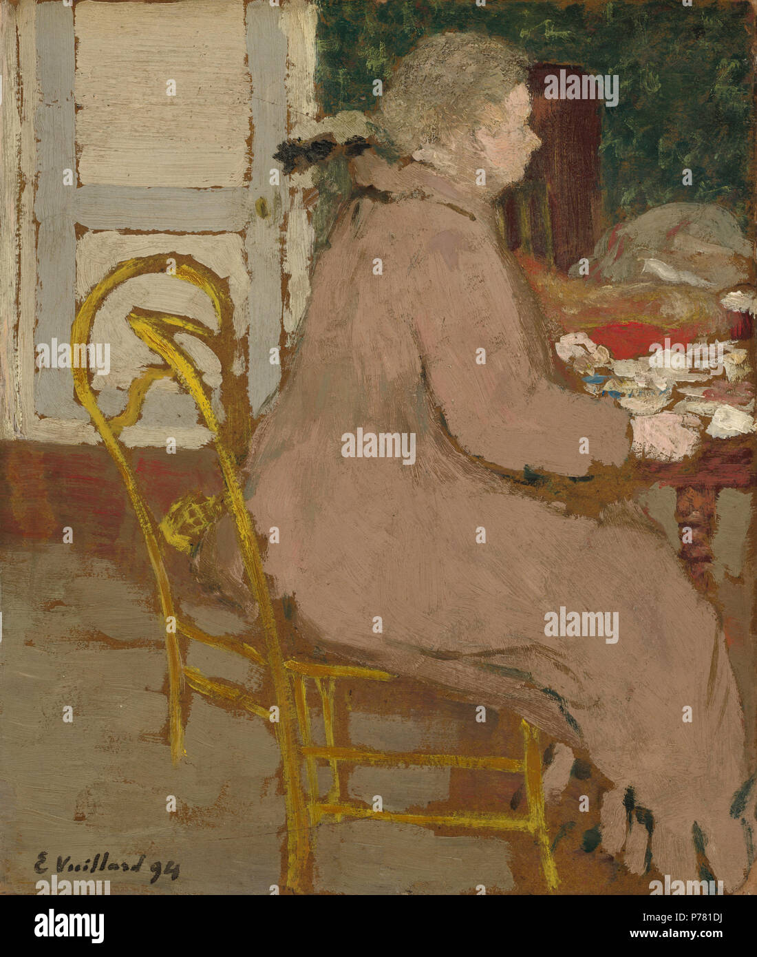 Malerei; Öl auf Pappe; gesamt: 26,9 x 22,9 cm (10 9/16 x 9 in.) gerahmt: 43,1 x 39,3 x 6,9 cm (16 15/16 x 15 1/2 x 2 11/16 in.); 6 Frühstück, Edouard Vuillard, 1894 Stockfoto