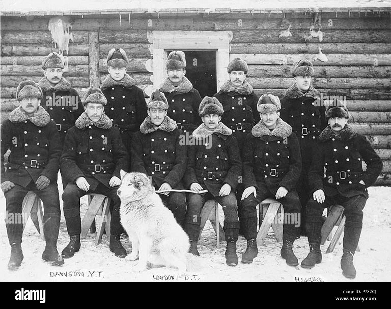 . Englisch: North-West Mounted Police für Gruppenfoto vor der Kabine, Dawson City, Yukon Territory anmelden aufgeworfen, Ca. 1899. Englisch: Legende auf Bild: 'Dawson, Y.T., London D.T.' Themen (LCTGM): Berittene Polizei ------ Yukon Dawson; Hunde---- Yukon Dawson; Log Bauten - - Yukon - Dawson Themen (LCSH): North West Mounted Police (Kanada); Portraits, Group ----- Yukon Dawson. ca. 1899 10 North-West Mounted Police für Gruppenfoto vor der Kabine, Dawson City, Yukon Territory anmelden aufgeworfen, ca 1899 (HEGG 341) Stockfoto