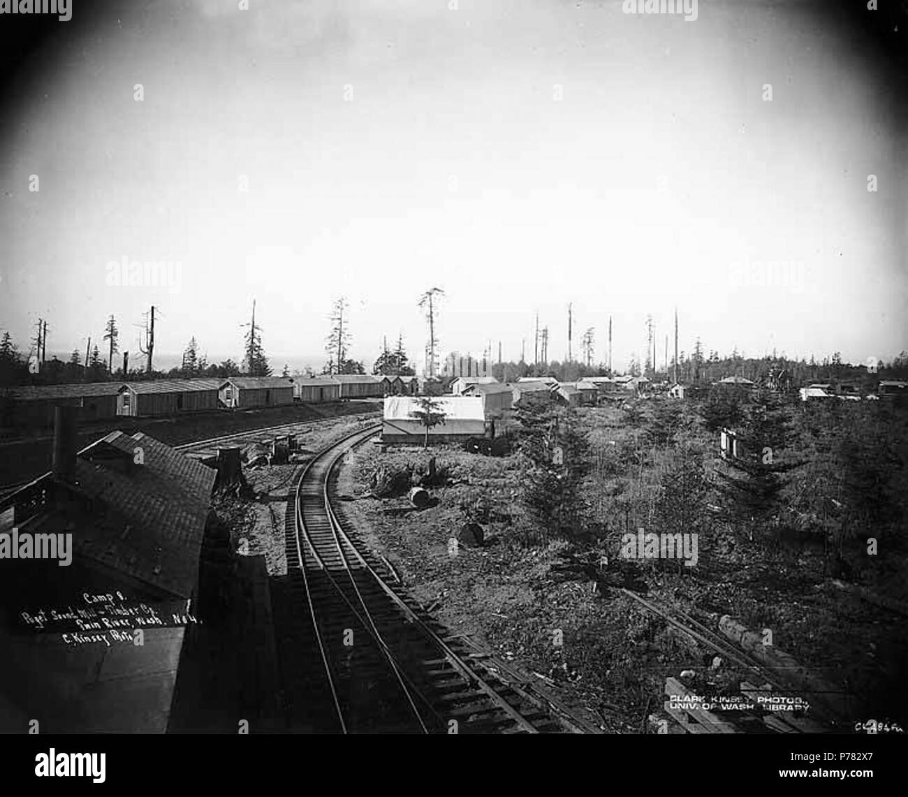 . Englisch: Puget Sound Mühle und der Holzfirma railroad logging Camp 8, in der Nähe von Twin, Ca. 1922. Englisch: Legende auf Bild: Camp 8, Puget Sound Mill & Holz Co., Twin River, Washington C. Kinsey Foto. Nr. 4 PH-Coll 516.2992 Puget Sound Mill & Holz Firma schnitt seine ersten Bauholz in Port Angeles im Jahre 1914. Protokollierung der Vorgänge wurden am 2. Die Mühle war aus dem Geschäft von 1927. Twin ist eine kleine Siedlung an der Straße von Juan de Fuca, 20 km westlich von Port Angeles an der Mündung des Twin River in North Central Clallam County genannt für seine Position an den Mündungen von West und Ost Twin Rivers. Es Stockfoto