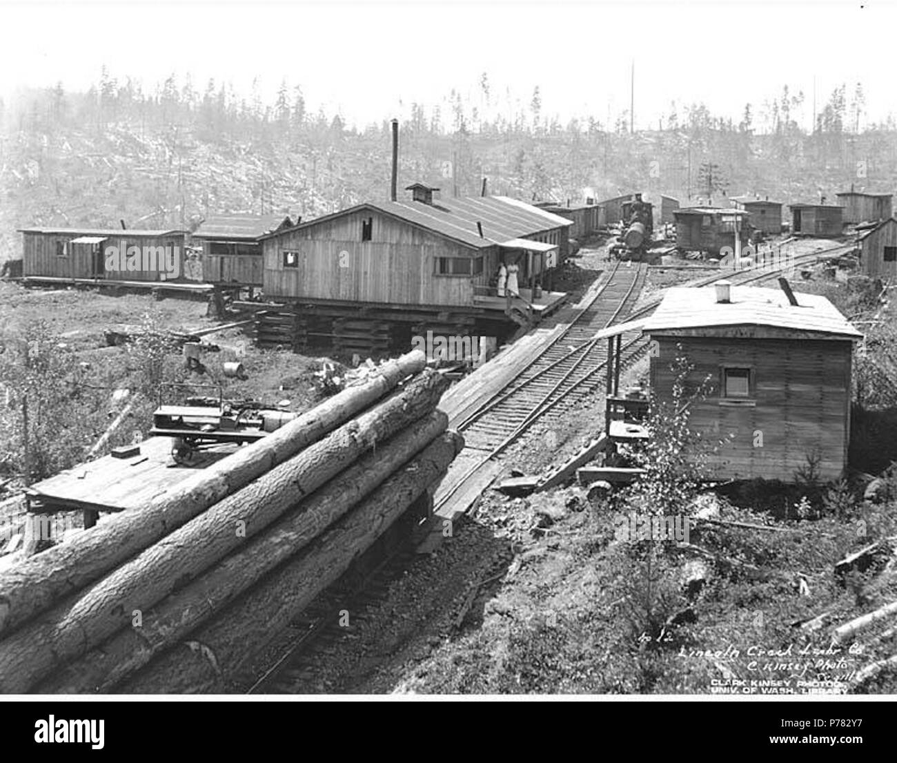 . Englisch: Railroad Camp mit Shay im Abstand Lokomotive, Lincoln Creek Lumber Company, Ca. 1920. Englisch: Legende auf Bild: Lincoln Creek Lmbr Co.C. Kinsey Foto, Seattle. Nr. 12 PH-Coll 516.1762 Die Lincoln Creek's Lumber Company Protokollierung der Vorgänge waren im Geschäft von Ca. 1906 bis Ca. 1932, mit Sitz in Centralia und Logging Operations bei Galvin. Galvin ist eine Gemeinschaft vier Meilen nordwestlich von Centralia in der Nähe von Lincoln Creek im Nordwesten Lewis County. Am 3. Juni 1910, war es Flochten von Galvin, Teal. Im Jahr 1911 war es für John Galvin, Gründer der Stadt benannt. Vor platti Stockfoto